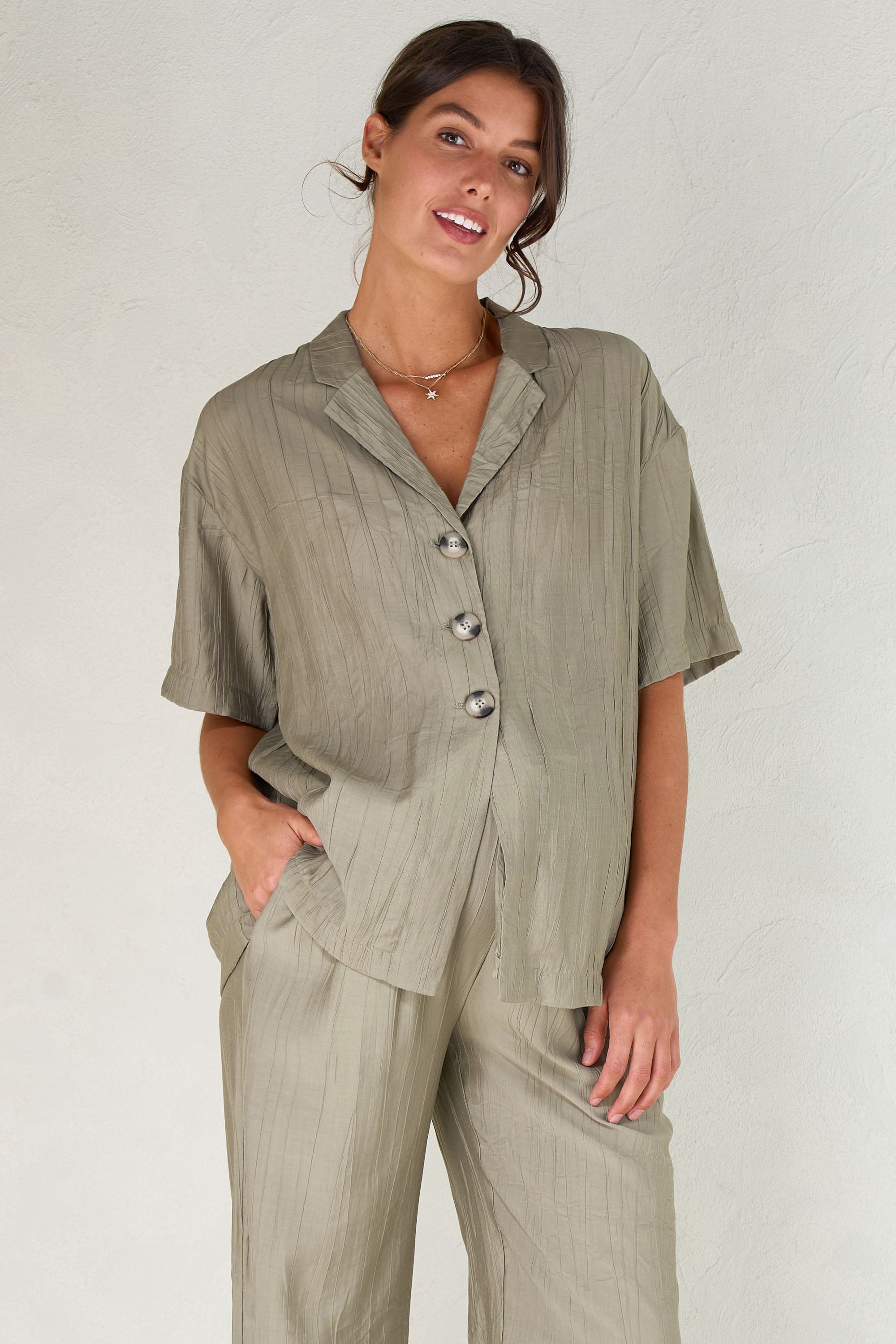 Ease Away Crinkle Shirt - Soft Khaki Comfort Wear | Perfect for Casual Outings, Office Wear & Travel Outfits