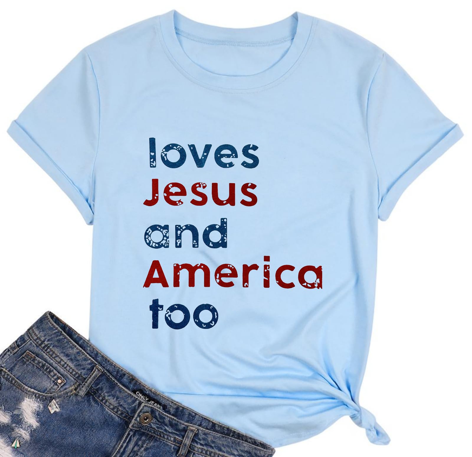 Patriotic 4th of July T-Shirts for Women - Jesus & America Love Red White Blue Graphic Tee | Independence Day, Memorial Day & Summer Outfits