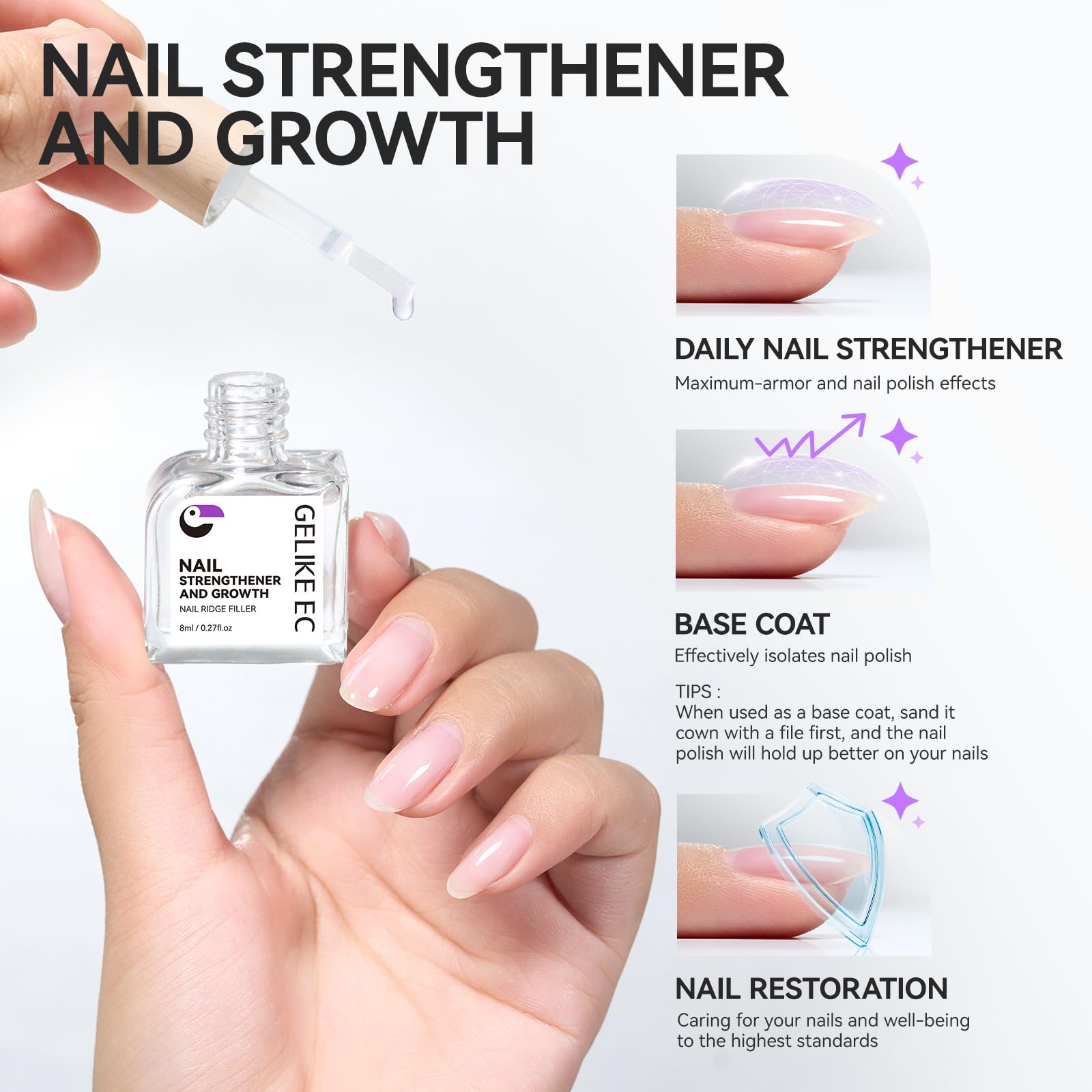 Gelike EC 8-in-1 Natural Nail Strengthener & Hardener - Extra Strong Protein Treatment for Damaged Nails Repair & Growth - Long Lasting Nail Care Oil for Weak, Brittle Nails - Perfect for Daily Use at Home or Salon