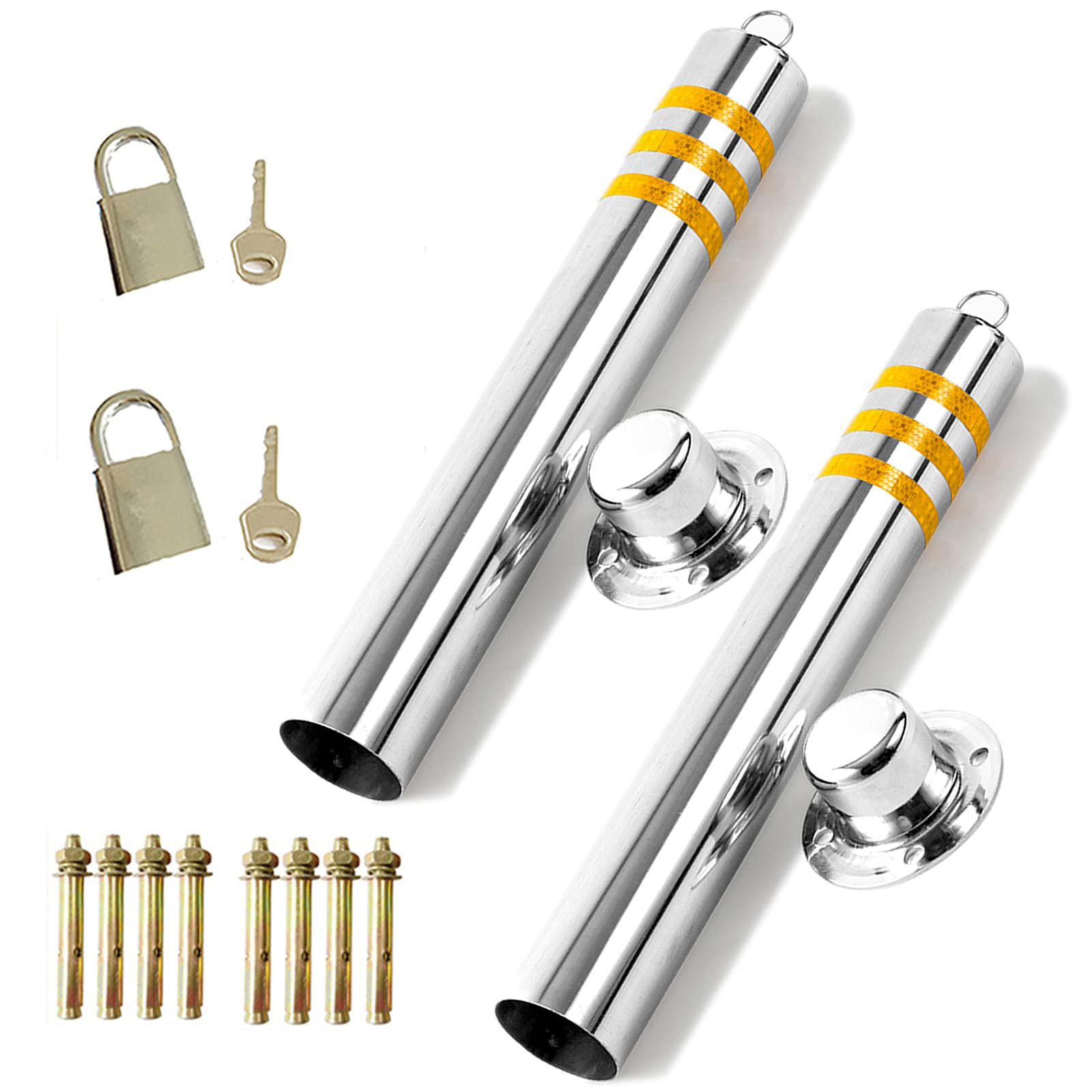 2 Pack Stainless Steel Bollard Post Reflective Road Markers with 8 Free Anchor Bolts - 800x89mm Parking Lock for Traffic Safety & Driveway Protection | Ideal for Parking Lots, Garages, and High-Traffic Areas