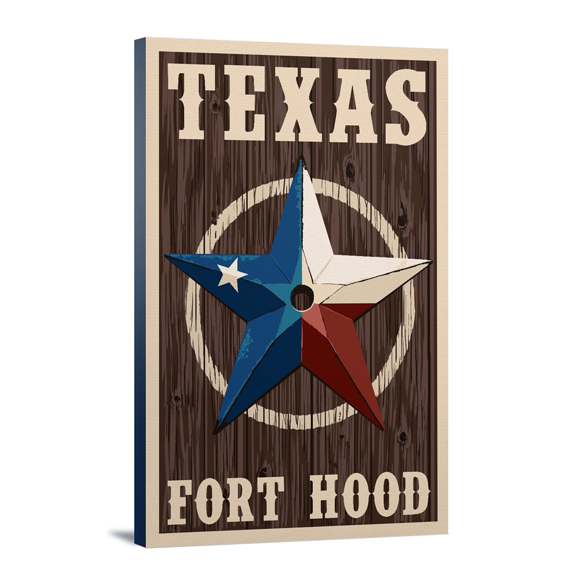 Fort Hood Texas Barn Star Letterpress Art Print - 24x36 Gallery Wrapped Stretched Canvas - Vintage Military Home Decor for Living Room, Office & Bar