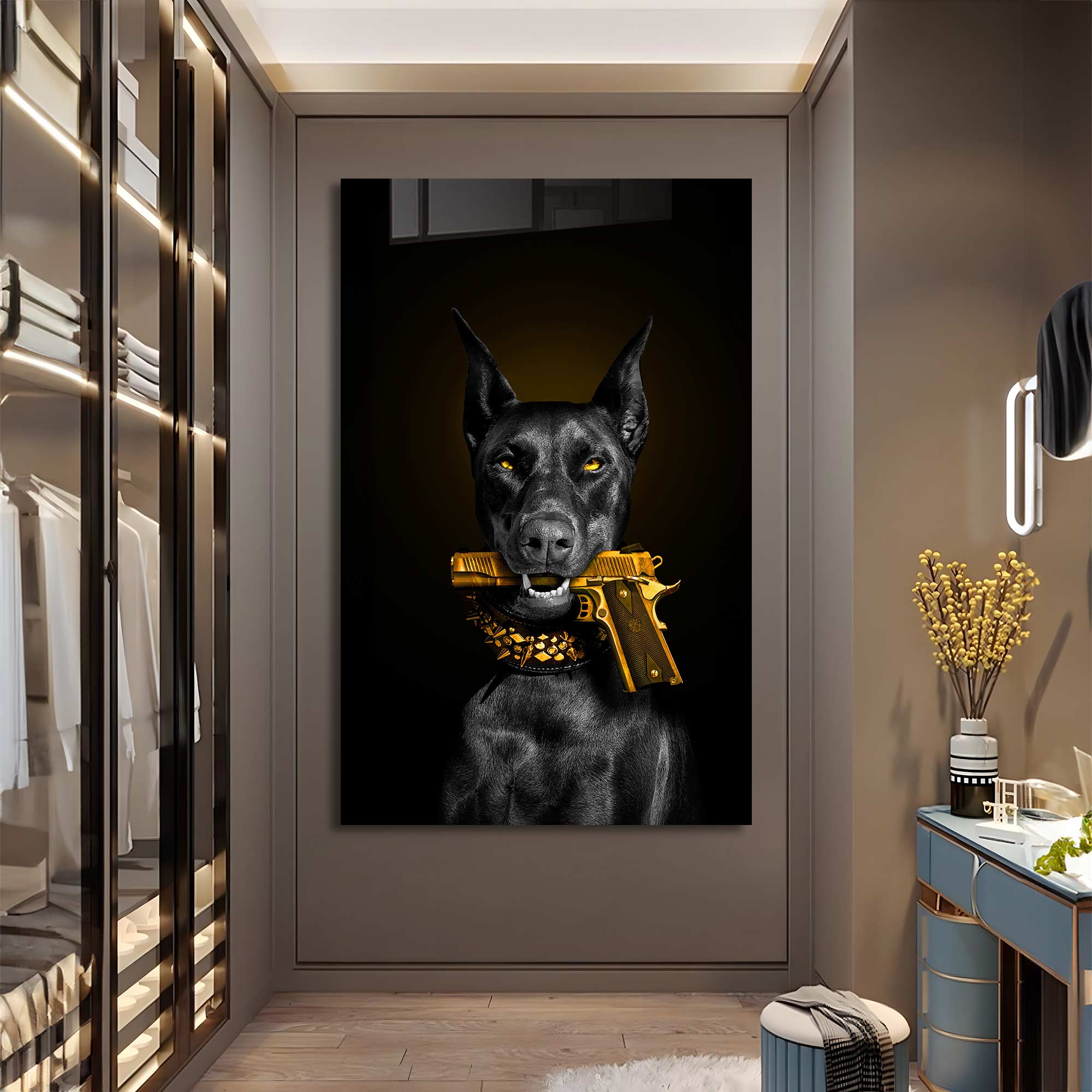 Doberman Gold Tempered Glass Wall Art - Elegant Home Decor for Living Room, Bedroom & Office - Shatterproof & Stylish