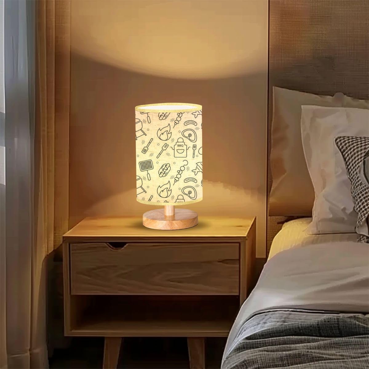 Dimmable Wood Base Table Lamp with Linen Shade - Bedside Nightstand Lamp for Bedroom, Living Room & Office Decor | Summer BBQ & Seamless Pattern Design | Perfect for Reading, Relaxation & Ambient Lighting