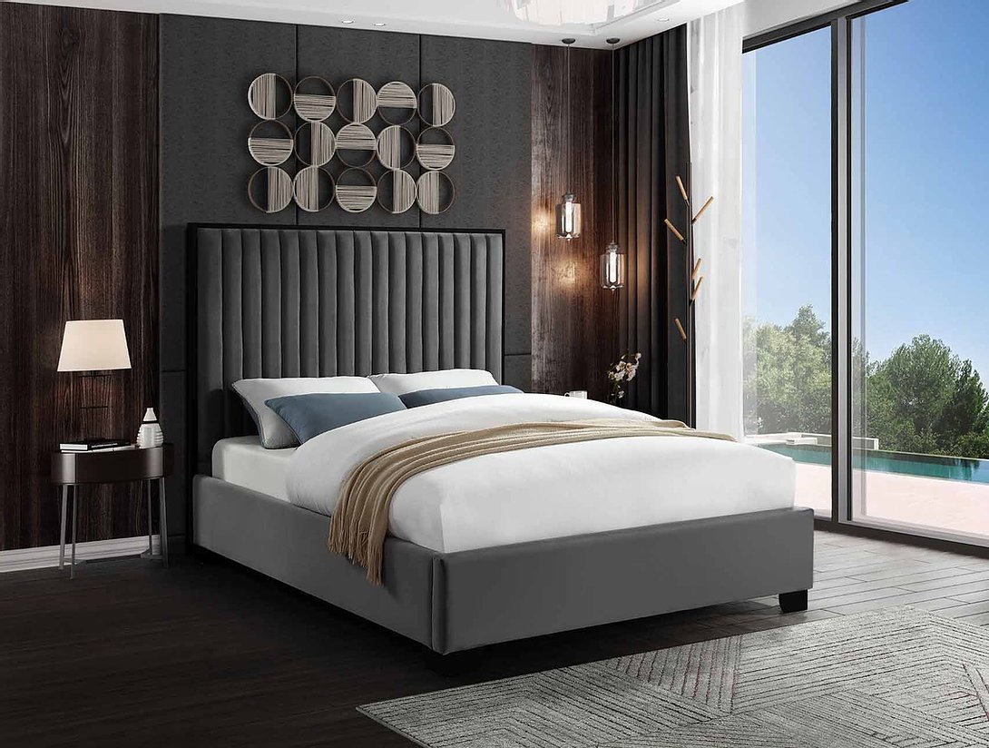 Luxury Grey Velvet Tufted Platform Bed with Black Metal Powder Coated Frame - Queen Size Modern Bedroom Furniture for Master Bedroom or Guest Room