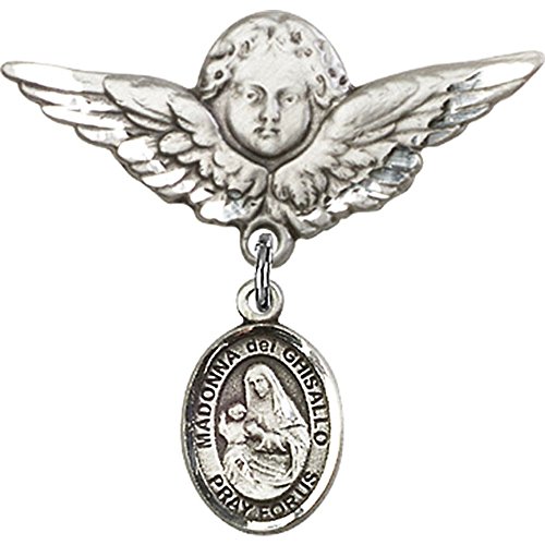 Sterling Silver Baby Badge with St. Madonna Del Ghisallo Charm & Angel Wing Pin - Perfect for Christening Gifts, Baptism Keepsakes & Newborn Blessings