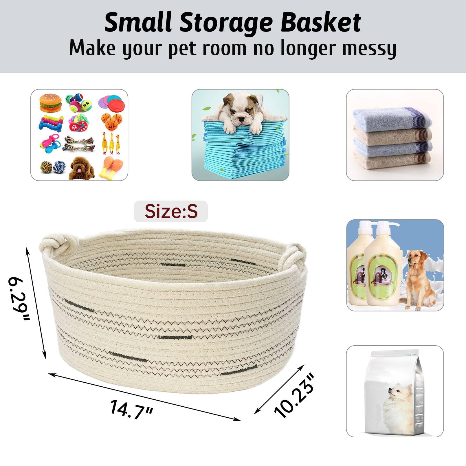 Cotton Rope Dog Toy Basket with Handle - Pet Storage Bin for Toys & Blankets - Beige