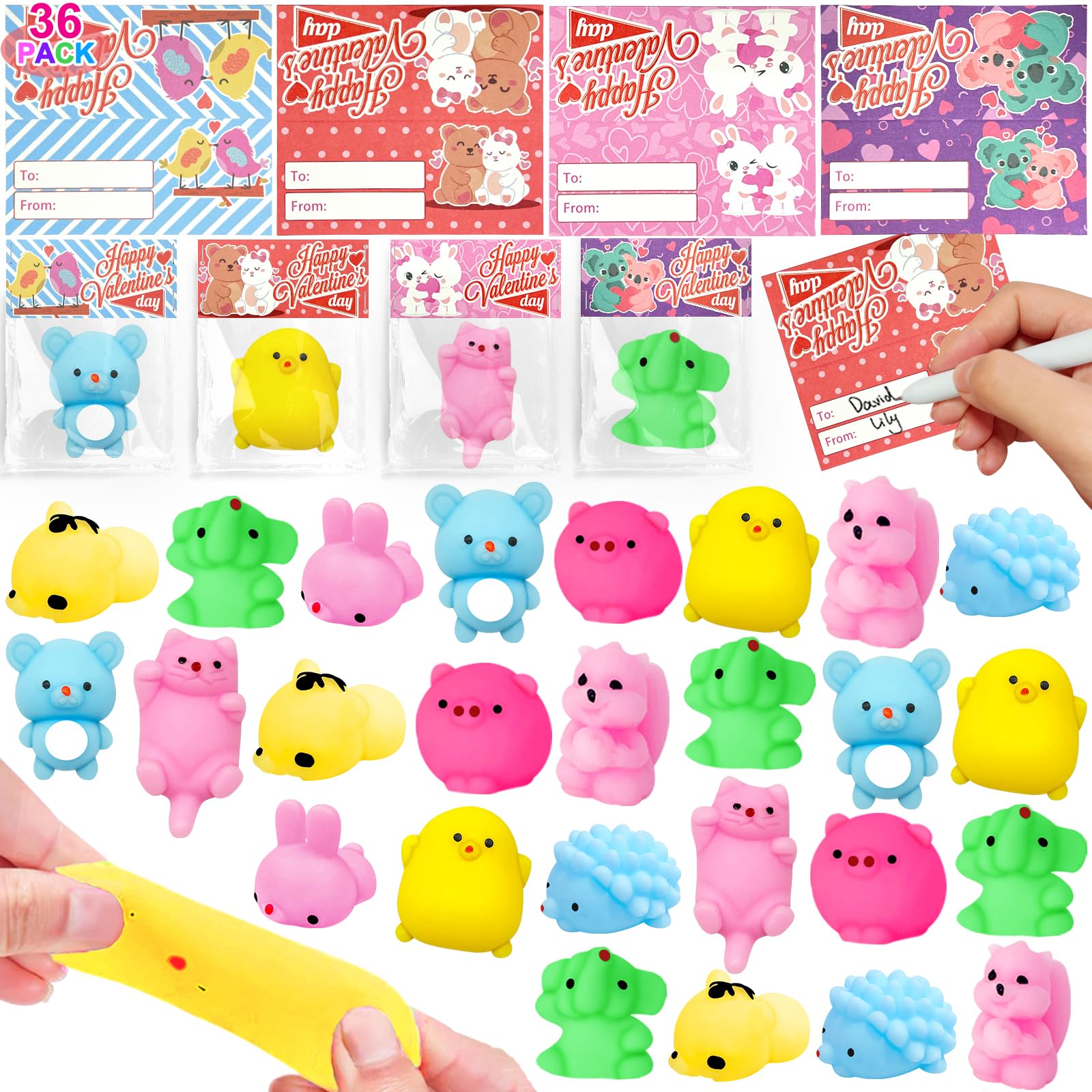 36 Pack Valentine's Day Cards for Kids with Cute Animal Mochi Squishies - Classroom Exchange Gifts, Party Favors & Stress Relief Toys for Boys and Girls - Perfect for Valentine's Day Celebrations, School Activities and Sensory Play