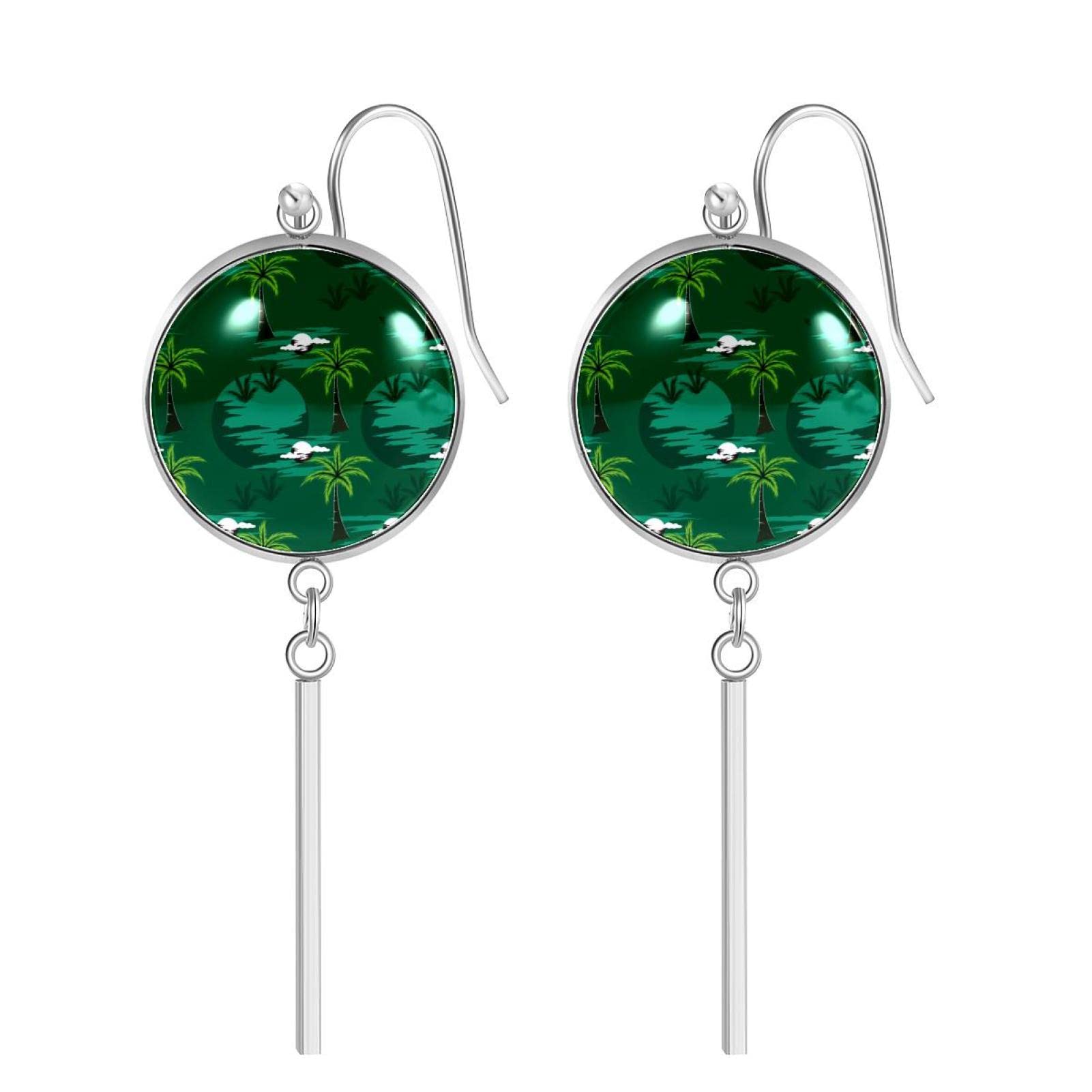 Stainless Steel Dangle Hook Drop Earrings - Palm Tree Green Color for Women | Tropical Beach Vacation Jewelry, Summer Party Accessories