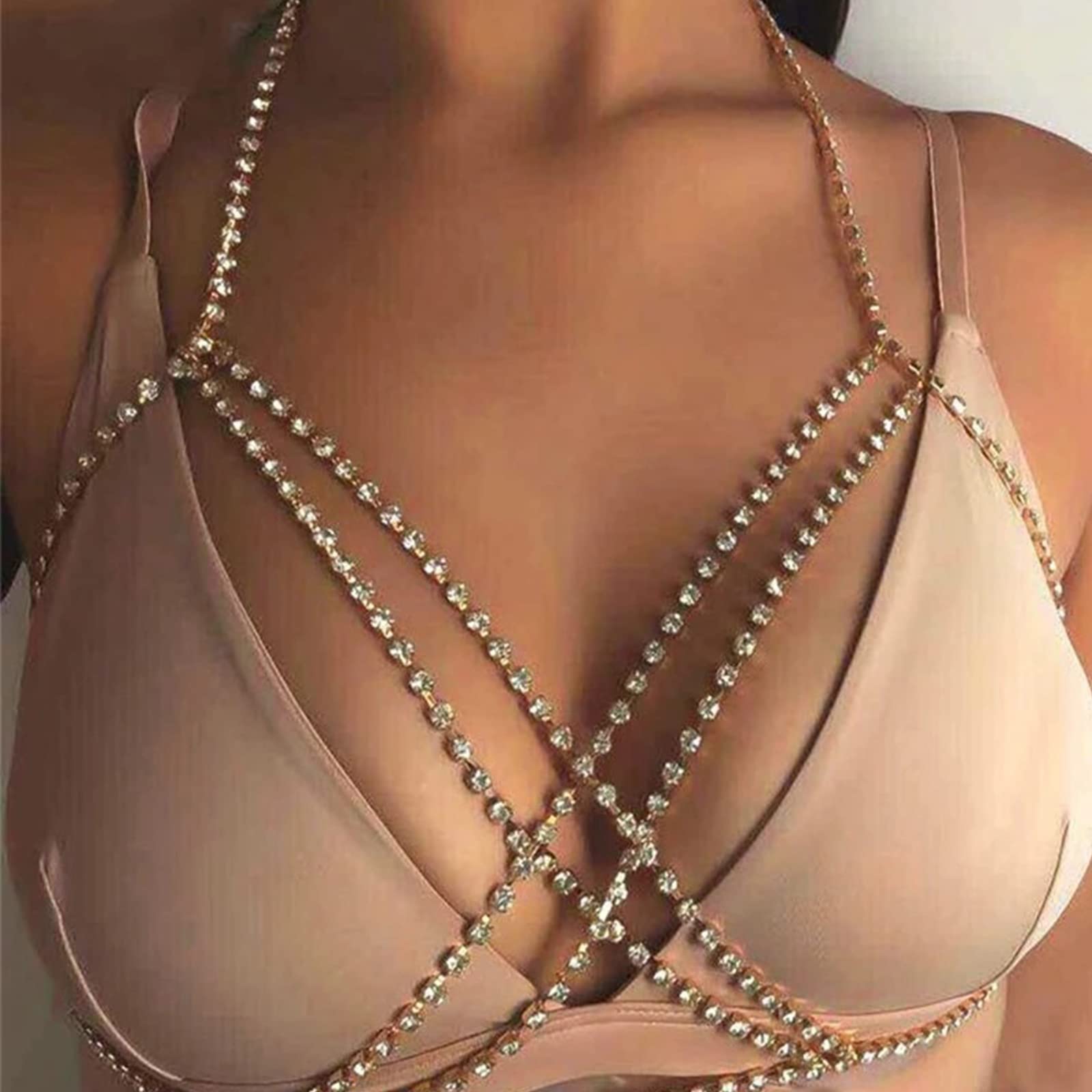 Elegant Gold Body Chain with Crystals - Stylish Bikini & Bralette Jewelry for Women & Girls - Perfect for Nightclub Parties, Beach Outfits & Festival Fashion