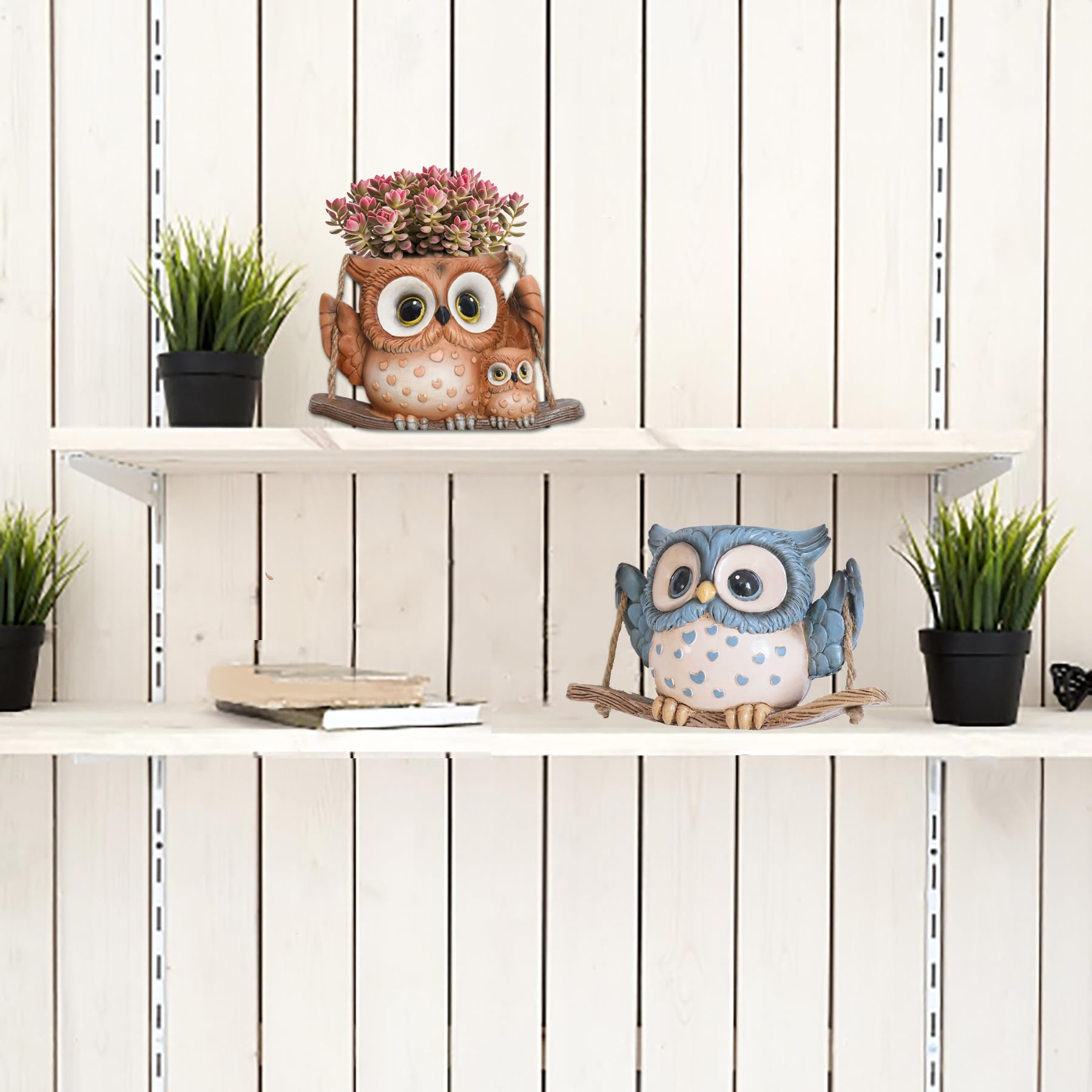 Swing Owl Hanging Planters for Indoor & Outdoor Plants - Small Succulent Pots with Drainage Hole - Unique Resin Plant Hangers for String of Pearls - Perfect Mother's Day Gift for Home Decor, Garden, Balcony & Patio