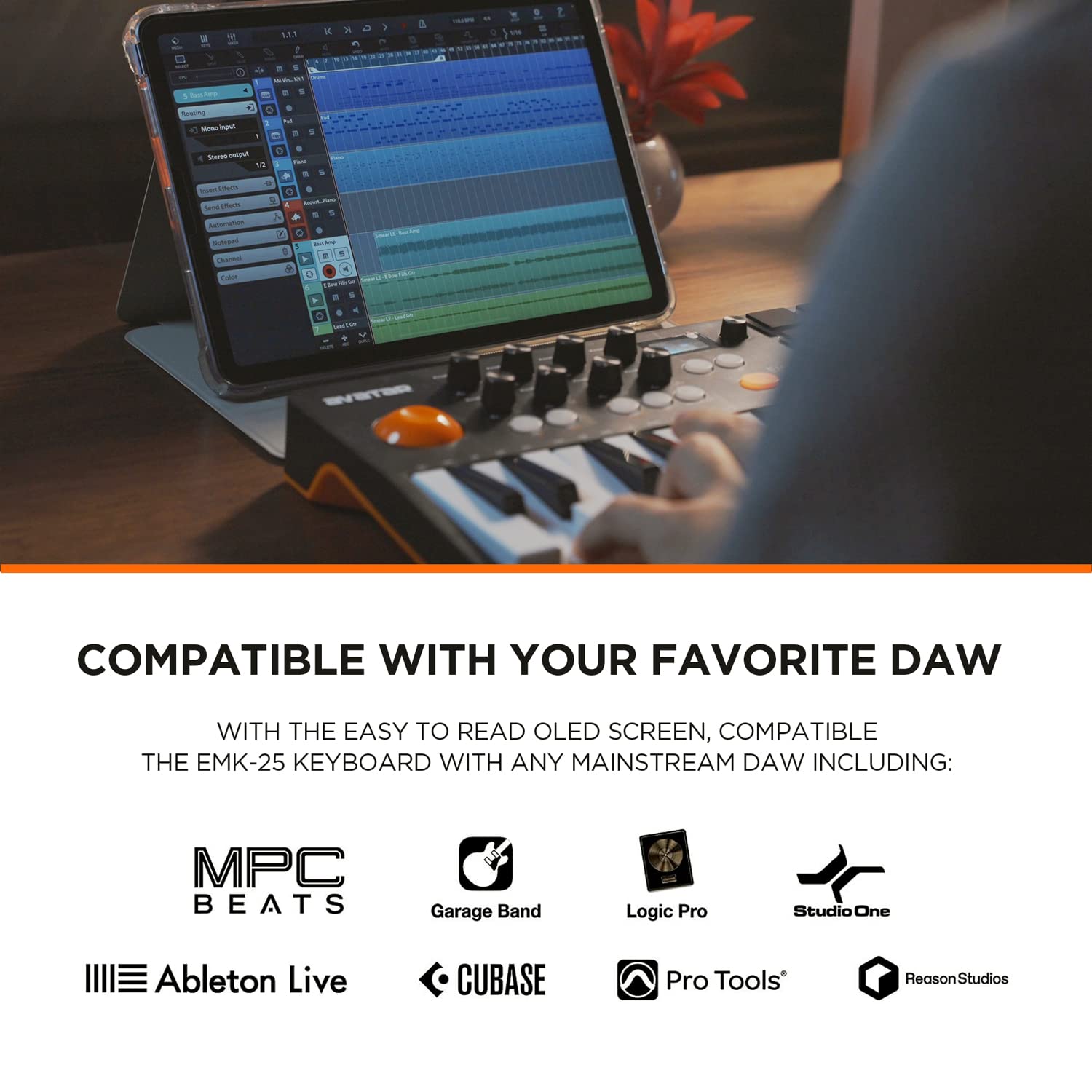 Portable 25-Key Bluetooth MIDI Keyboard Controller with 9 Backlit Beat Pads, OLED Display & 8 Knobs - USB/Battery Powered for Music Production, DJing & Live Performances - Includes DAW Software for Home Studio & On-the-Go Music Creation