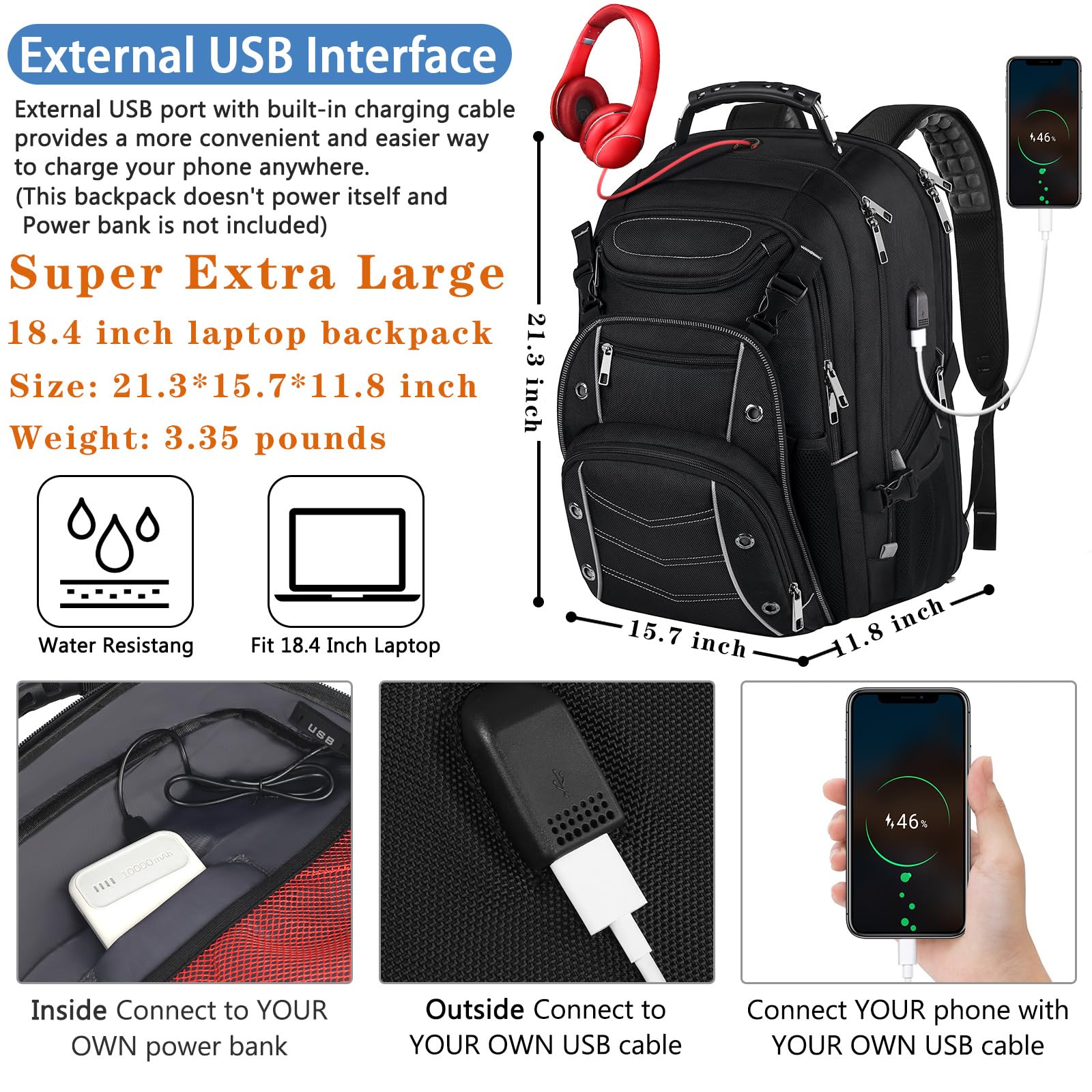 VECKUSON 18.4 Inch Large Laptop Backpack for Men & Women - 60L Extra Capacity USB Charging Port, TSA Approved Travel Backpack with RFID Anti-Theft Pocket - Durable Grey Computer Bag (21.3x15.7x11.8 Inch) for Work, School, Gaming & Air Travel