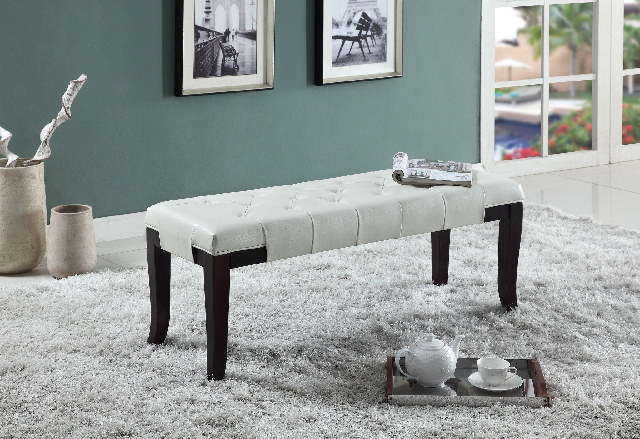 Roundhill Furniture Linon Leather Tufted Bench - White Upholstered Storage Ottoman for Living Room, Bedroom & Entryway - Modern Home Decor Seat with Button Tufting
