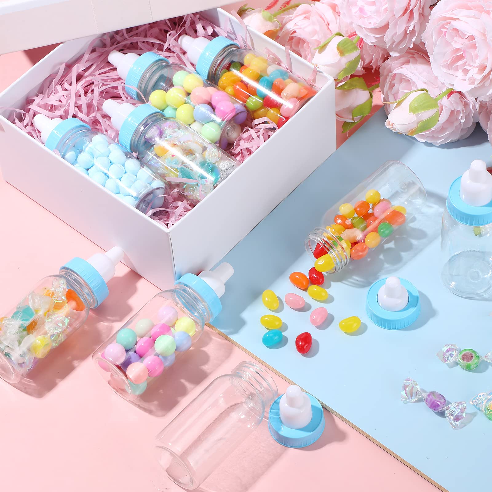 48 Pcs 4.5 Inch Mini Plastic Candy Bottles - Fillable Baby Shower Favors, Feeding Bottles for Party, Birthday, Baptism - Blue Removable Lids - Perfect for Newborn Celebrations, Candy Favors & Party Decorations