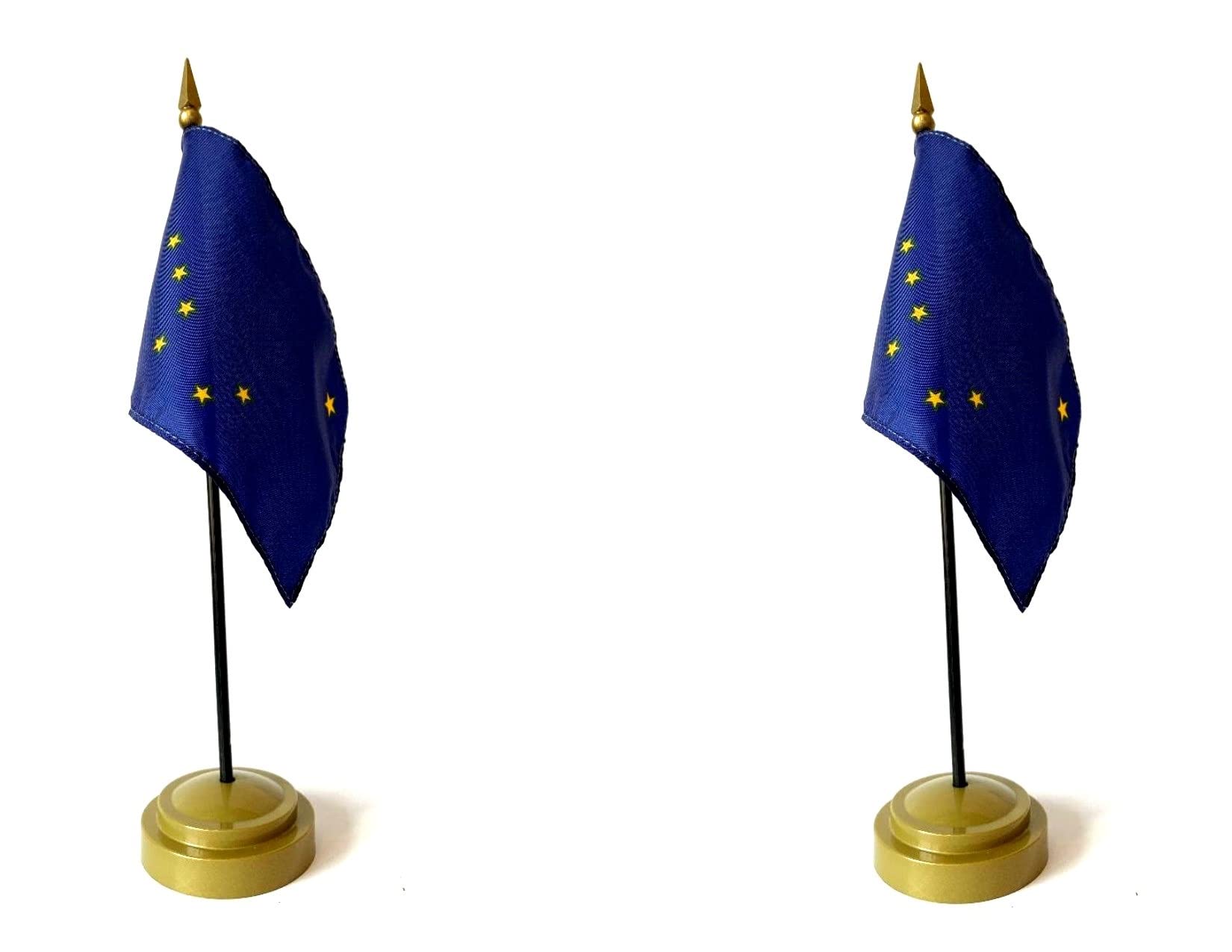 Premium USA-Made Alaska Flag Set - 2 Rayon 4x6 Inch Mini Desk & Hand Waving Flags with Bronze Stands - Perfect for Office Decor, Patriotic Displays & State Pride Celebrations