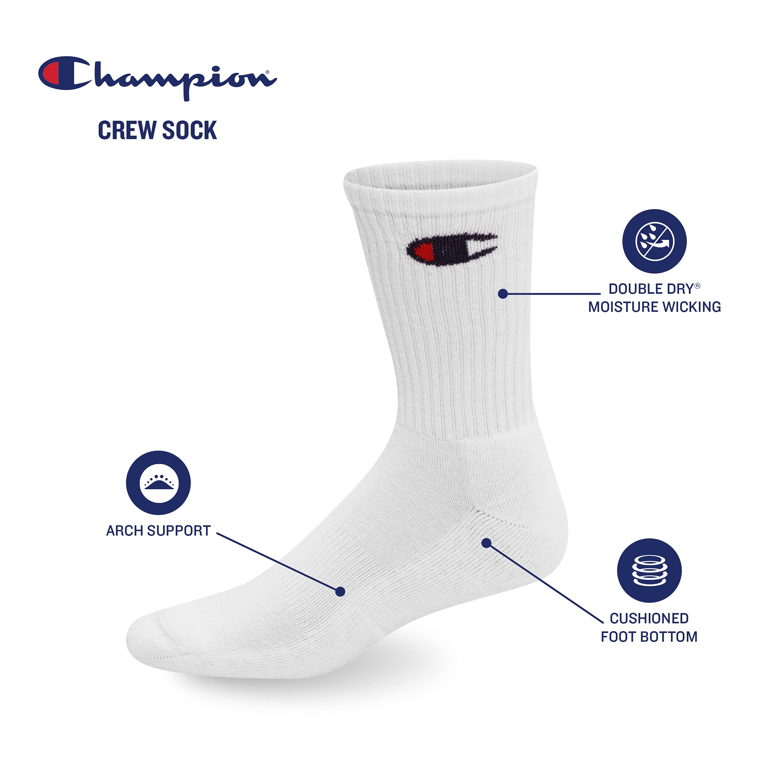 Champion Women's Moisture-Wicking Double Dry Socks - 6-Pack (Crew, Ankle & No Show) for Running, Workout & Everyday Comfort