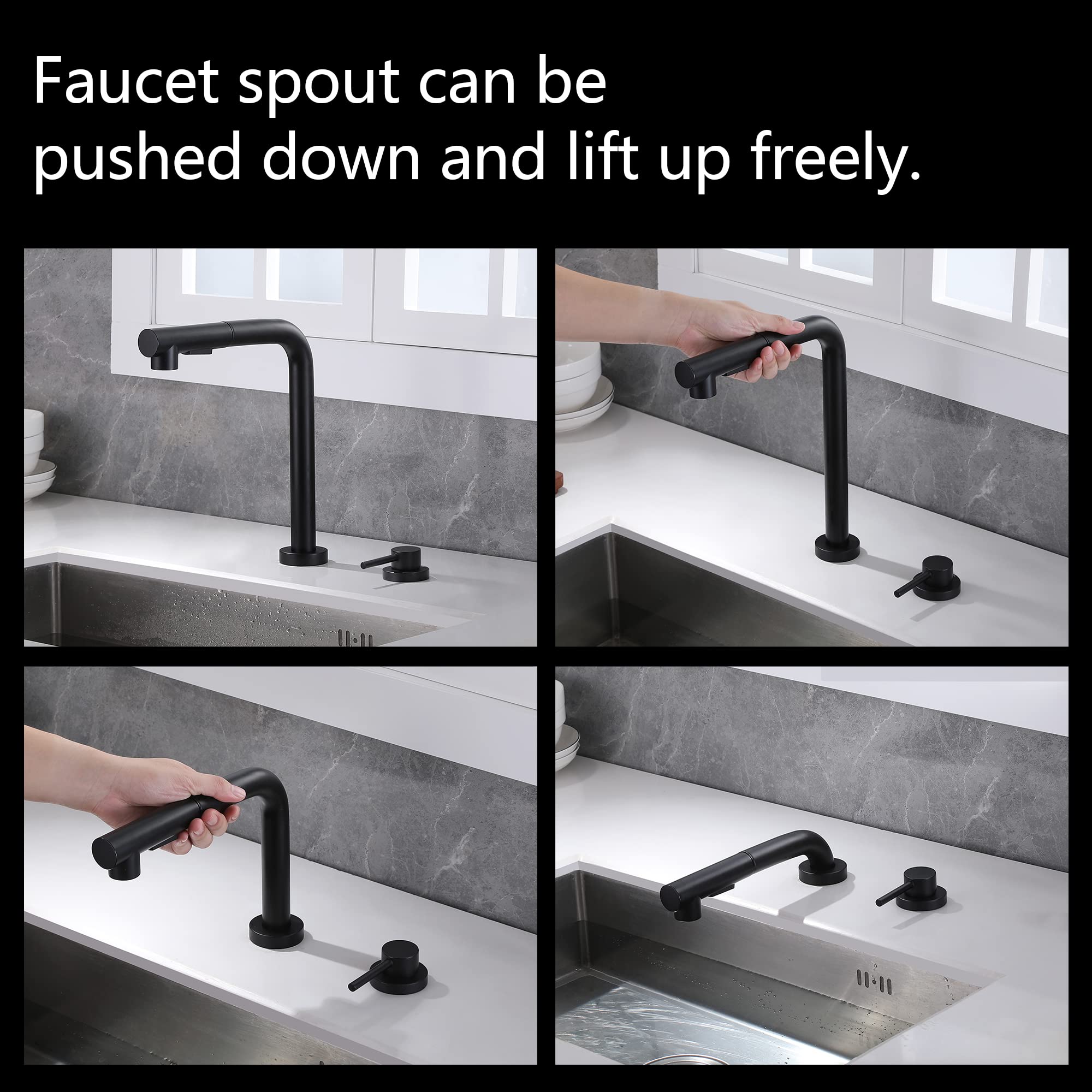 Sumerain Black 2-Hole Kitchen Sink Faucet with Pull-Out Sprayer and Single Handle - Modern Side Spray Design for Easy Dishwashing and Food Prep