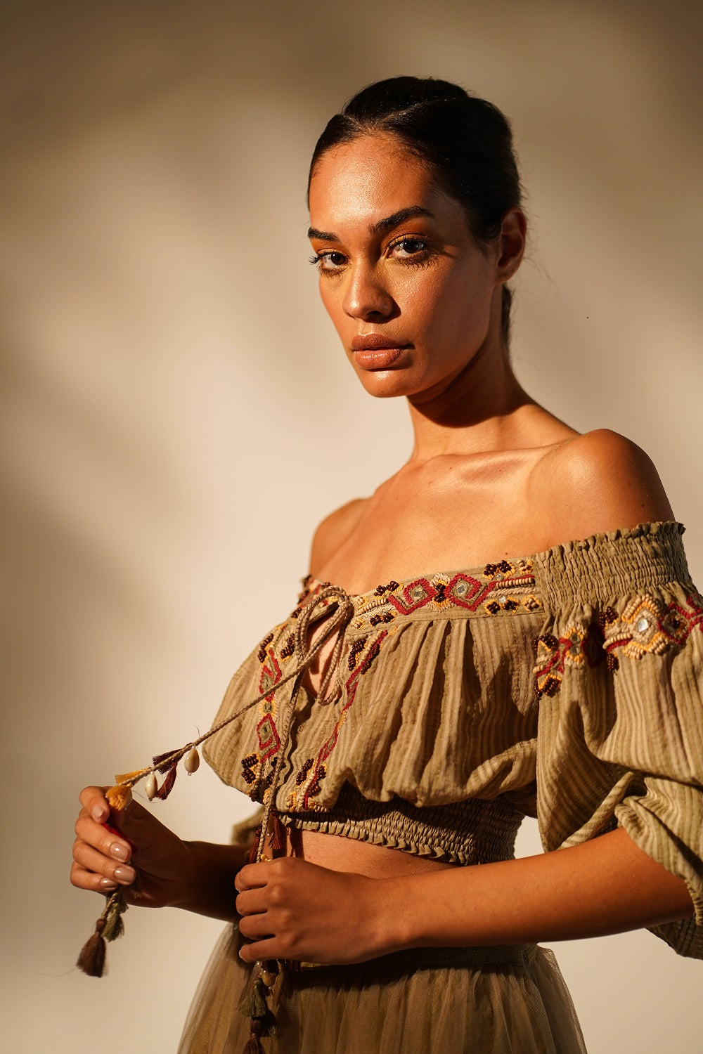 Elegant Off Shoulder Beige Blouse with Delicate Embroidery - Perfect for Summer Parties & Boho Chic Outfits