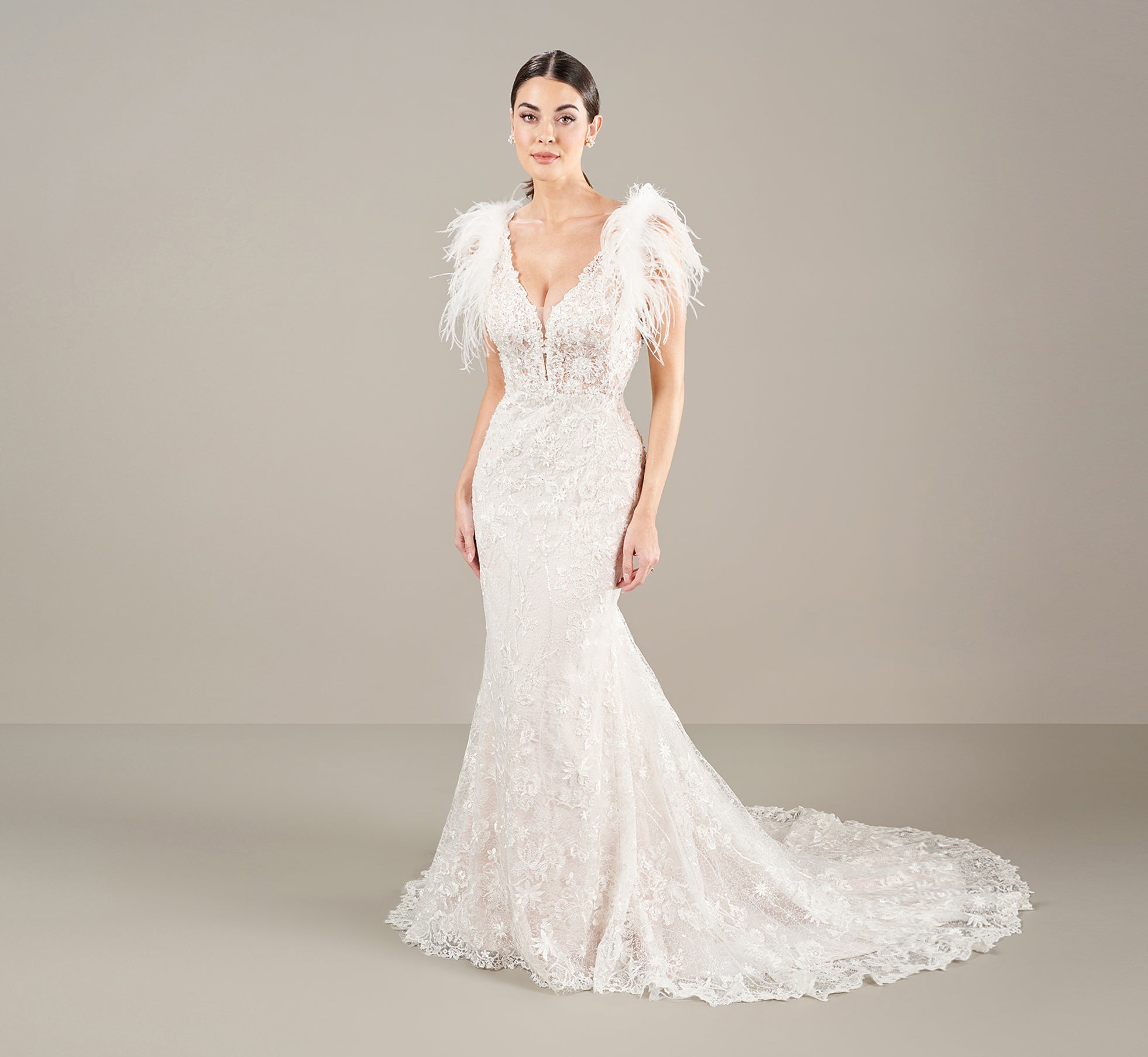 Elegant Slim Fit Flare Gown with Detachable Feathers - Ivory Almond Bridal Dress for Weddings, Prom, Evening Parties & Special Occasions
