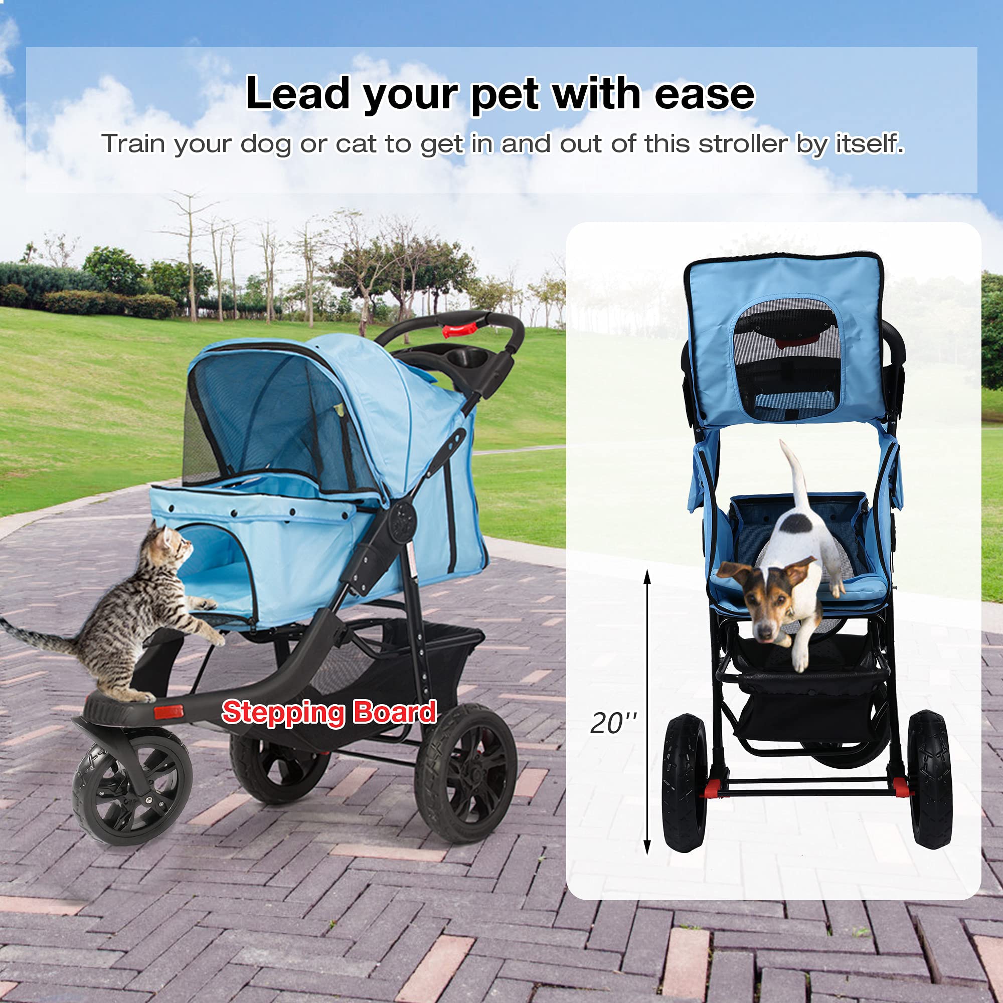LUCKYERMORE Large Wheel Pet Stroller with Storage Basket - Foldable, Breathable Mesh Design for Dogs & Cats - Perfect for Jogging, Shopping & Outdoor Adventures (Blue)