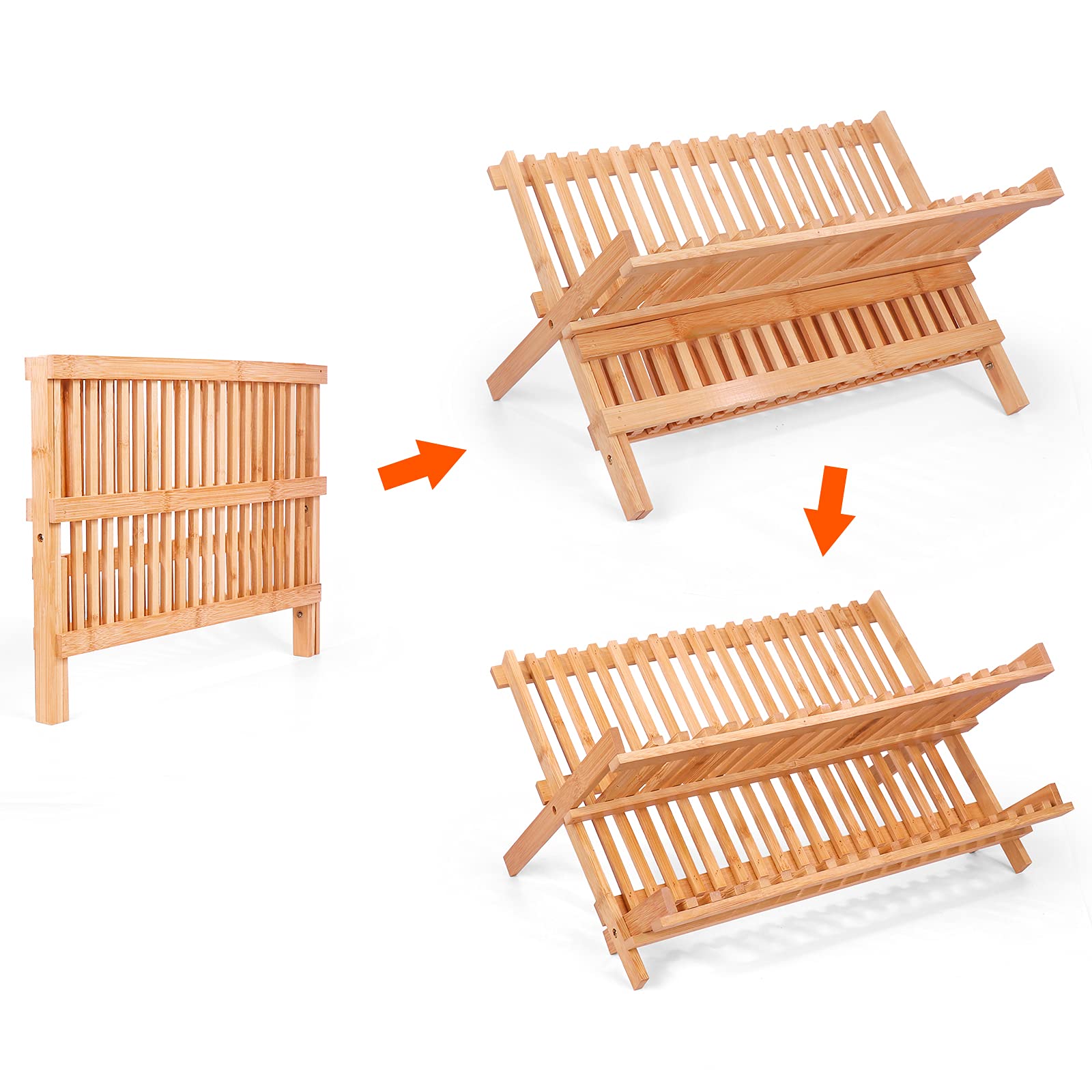 Premium Bamboo Dish Drying Rack - Collapsible & Foldable Dish Drainer for Kitchen Countertop - 100% Natural Bamboo Plate Rack (17.8