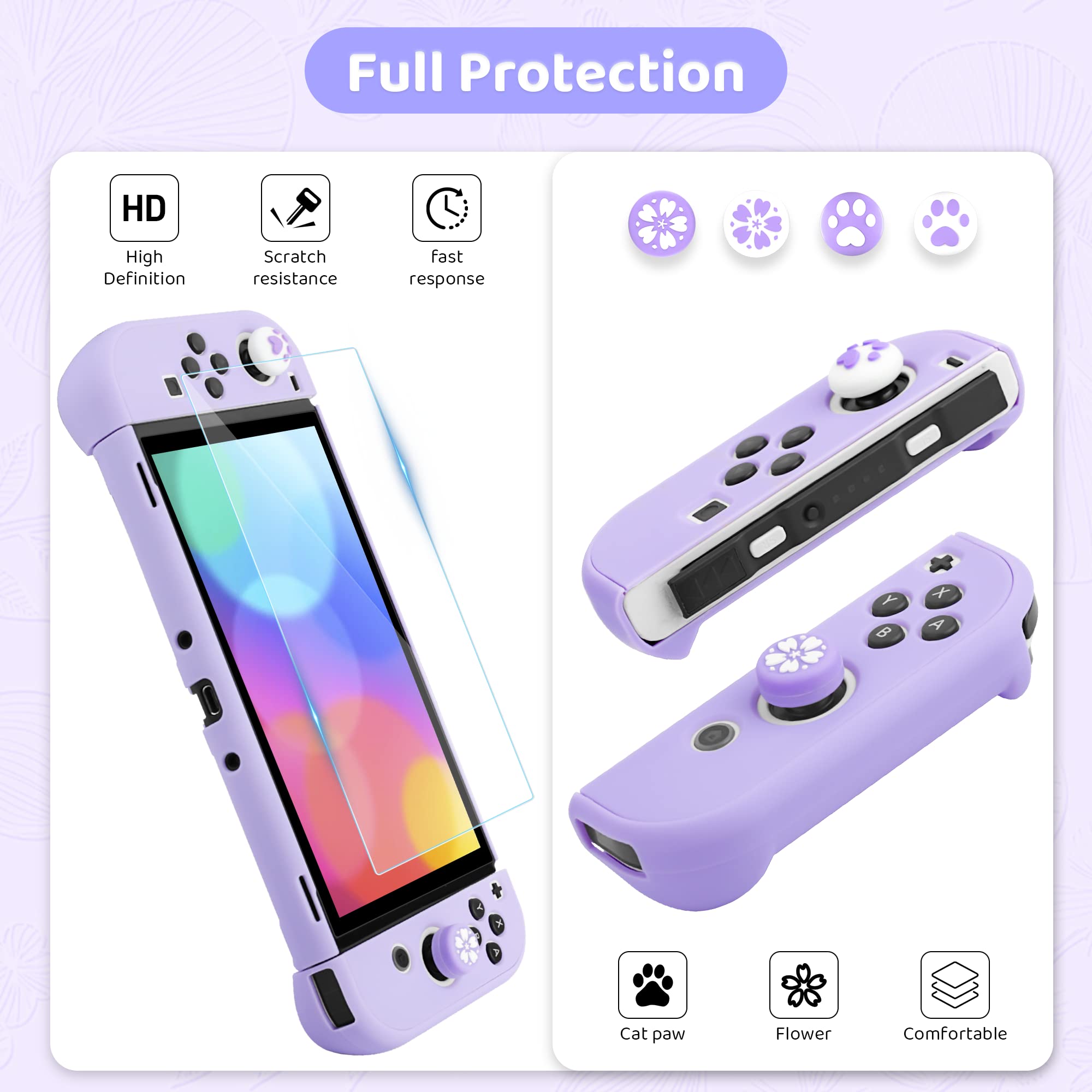 **FUNDIARY Purple Travel Carrying Case for Nintendo Switch OLED – Sakura Design Portable Accessories Kit with Slim Storage Bag, Dockable PC Skin Case, Screen Protector, Shoulder Strap & 4 Thumb Caps – Perfect for Gaming on the Go, Travel, and Home Use**