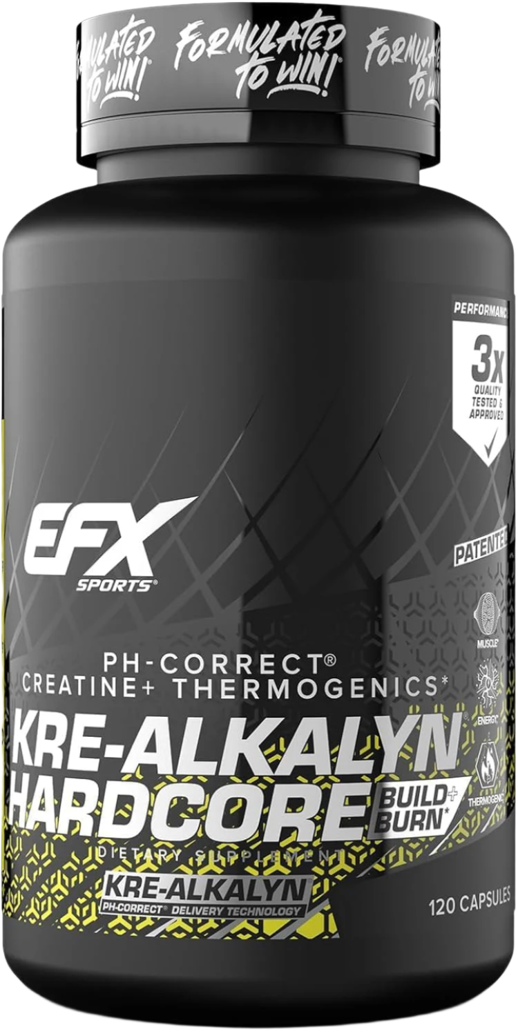 EFX Sports Kre Alkalyn Hardcore 120 Capsules - Premium Creatine Supplement for Muscle Growth & Strength | Pre-Workout & Post-Workout Recovery