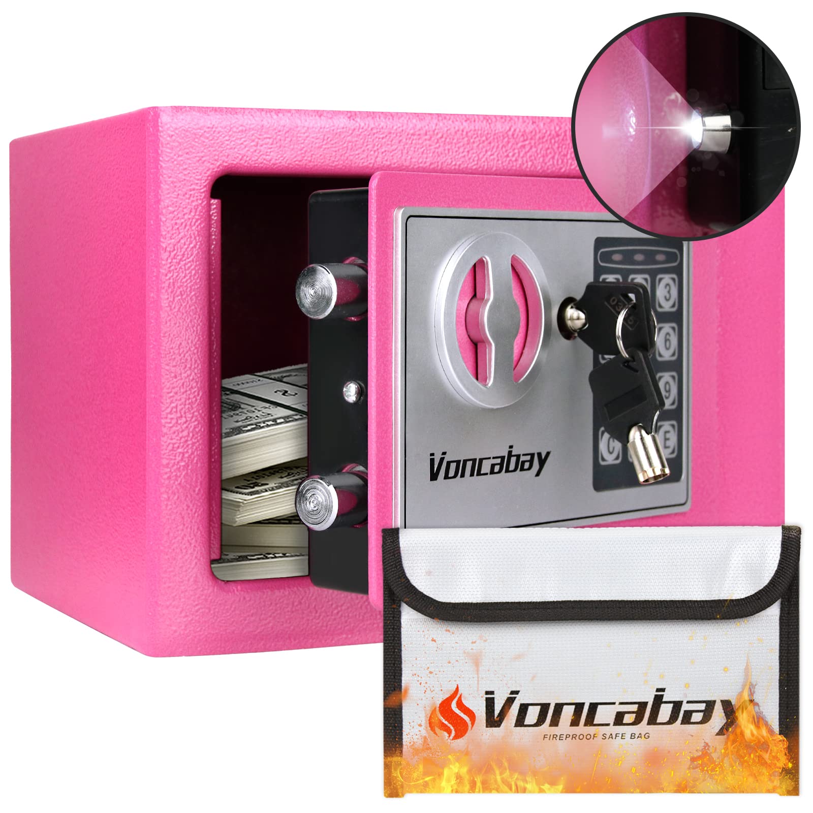 Voncabay Fireproof Money Safe Box with Digital Keypad & Sensor Light - Home Security Safe for Cash, Jewelry & Valuables - Portable Lock Box with Keys & Passcode - Ideal for Bedroom, Office & Travel (Pink)