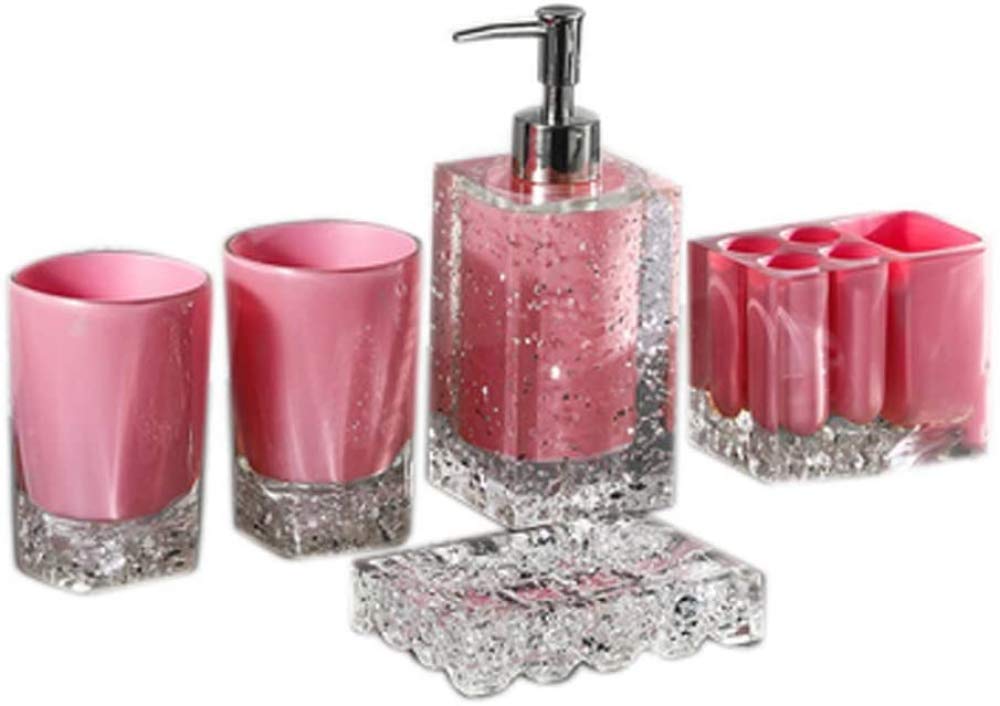 European Style 5-Piece Bathroom Accessory Set - Resin Cup, Soap Dispenser, Toothbrush Holder, Soap Stand | Elegant Pink Decor for Modern Bathrooms, Powder Rooms & Guest Suites