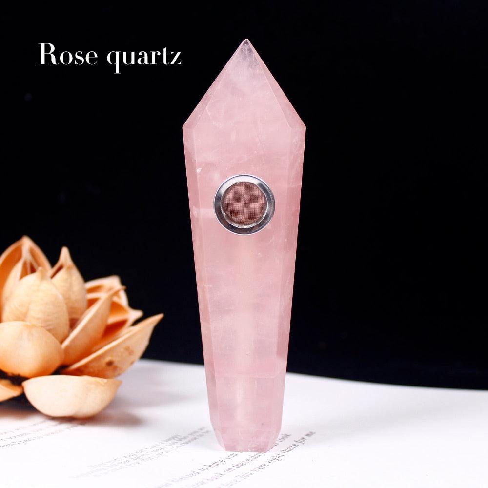 Natural Crystal Pipe with Metal Filter - Rose Quartz Healing Wand for Meditation, Relaxation & Energy Cleansing | Perfect for Reiki, Yoga & Spiritual Practices