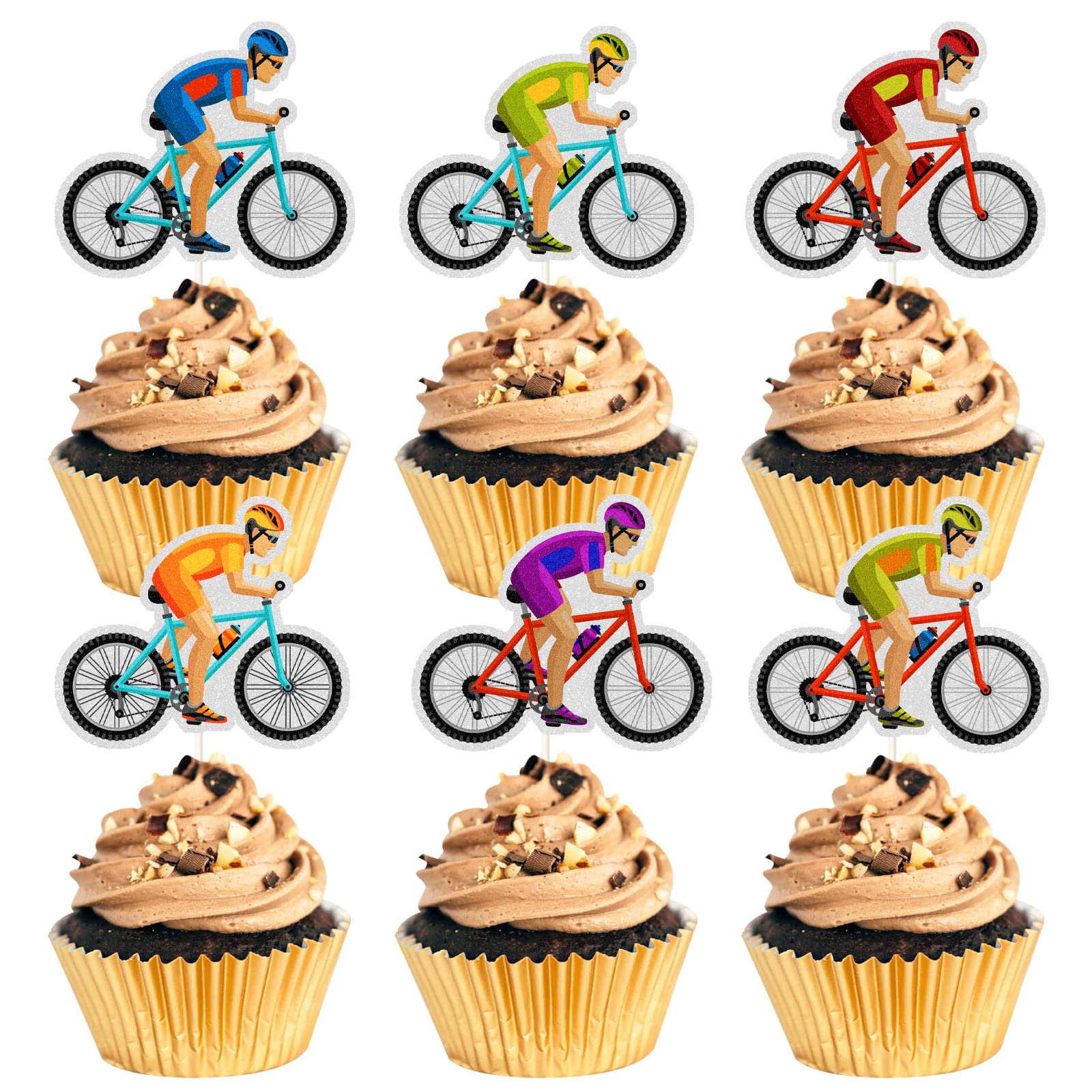 Bicycle Happy Birthday Cupcake Toppers - 18Pcs Bike Theme Party Decorations for Kids & Adults - Rainbow Glitter Cycling Cupcake Decor - Perfect for Bicycle Racing Birthday Parties, Cycling Events & Themed Celebrations