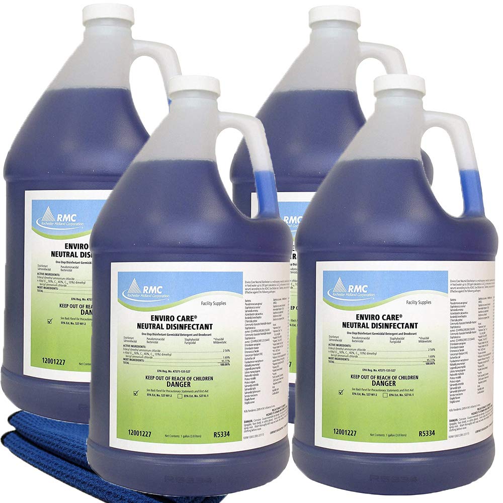 RMC Enviro Care® Neutral Disinfectant Cleaner - 4 Gallons Bulk Size + 2 Pack Gace-I-am Microfiber Cleaning Cloths | Hospital-Grade Disinfection for Commercial Kitchens, Healthcare Facilities & Schools
