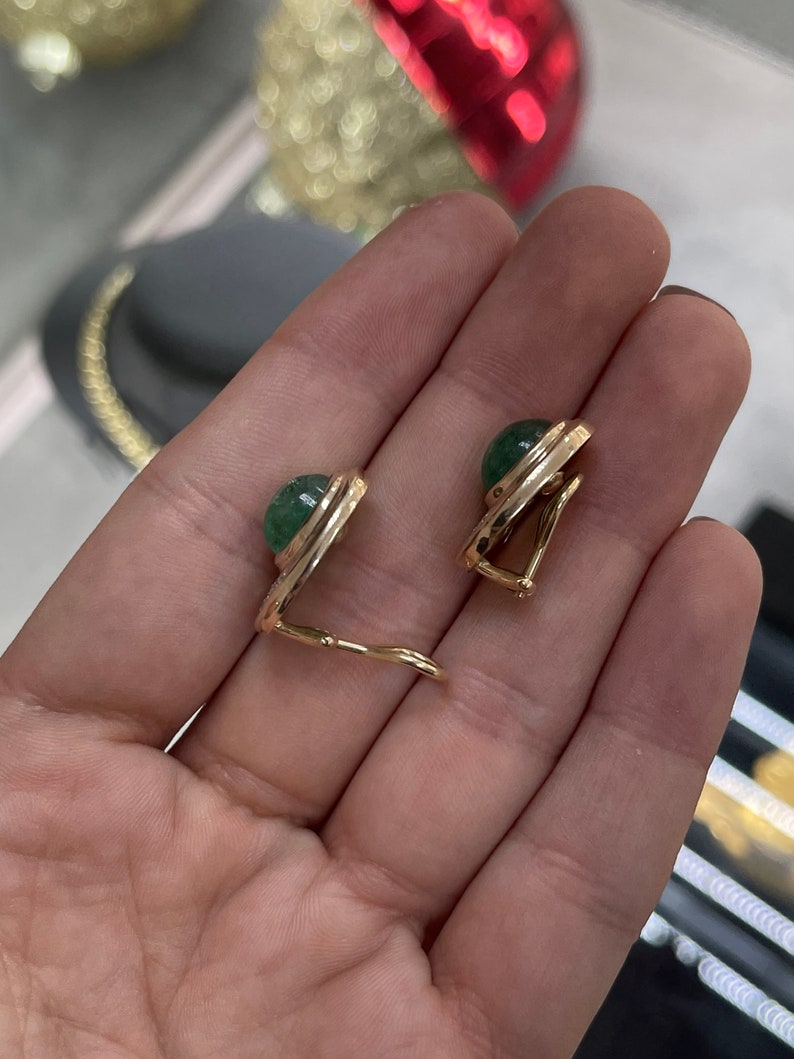 10.14tcw 14K Yellow Gold Emerald Cabochon & Diamond Accent Clip-On Earrings for Women | Luxury Wedding, Party & Evening Wear Jewelry Gift