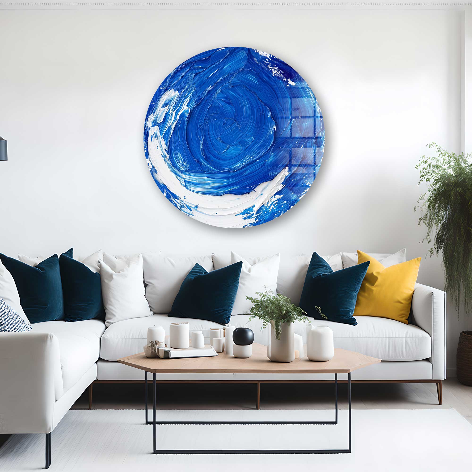 Abstract Ocean Blue Rounded Glass Wall Art - Modern Home Decor for Living Room, Bedroom & Office - Handmade Glass Artwork for Coastal & Contemporary Interior Design