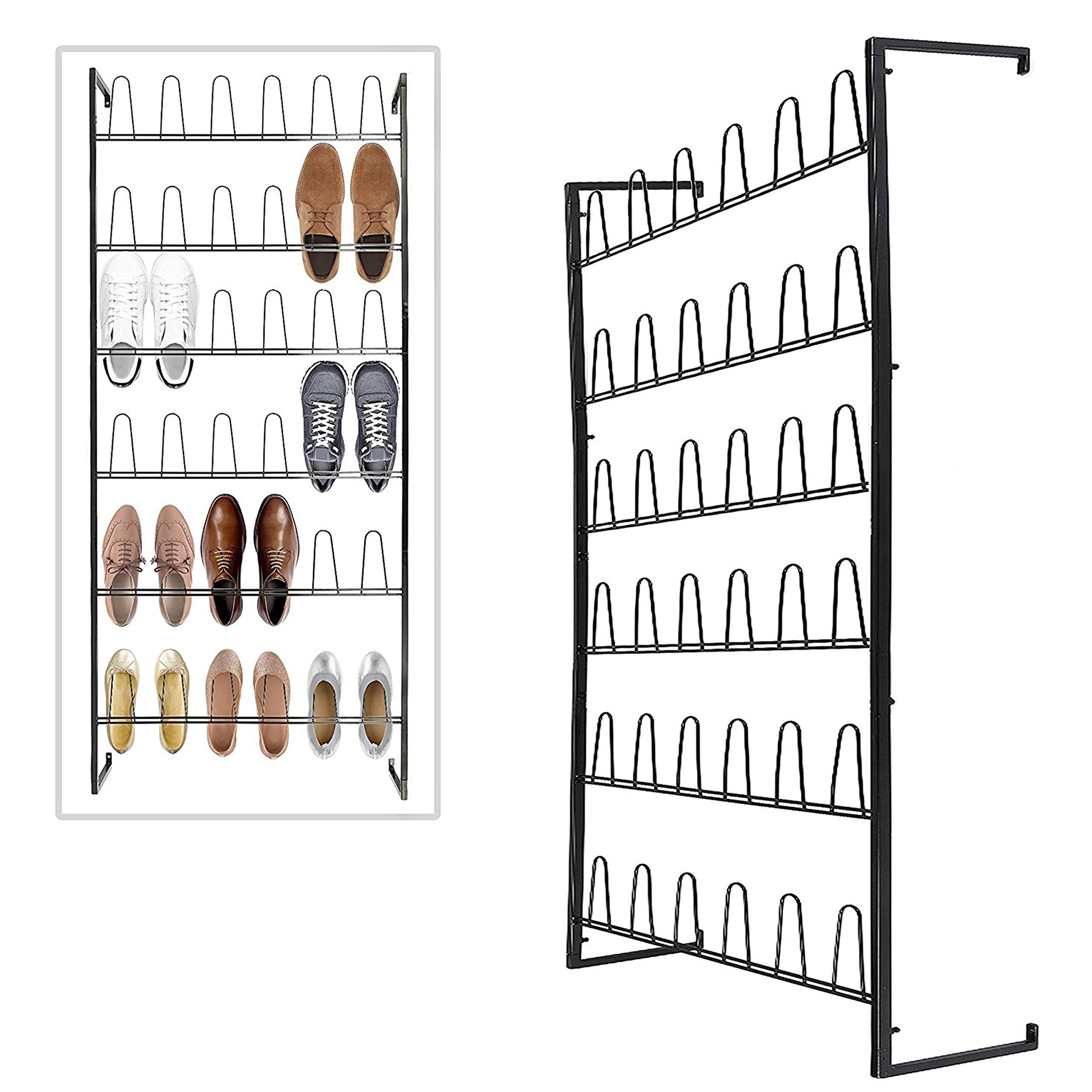 MyGift Black Metal 18 Pair Shoe Storage Organizer - Wall Mounted Entryway Shoe Rack with 36 Hooks | Perfect for Small Spaces, Closet Organization & Mudroom Storage
