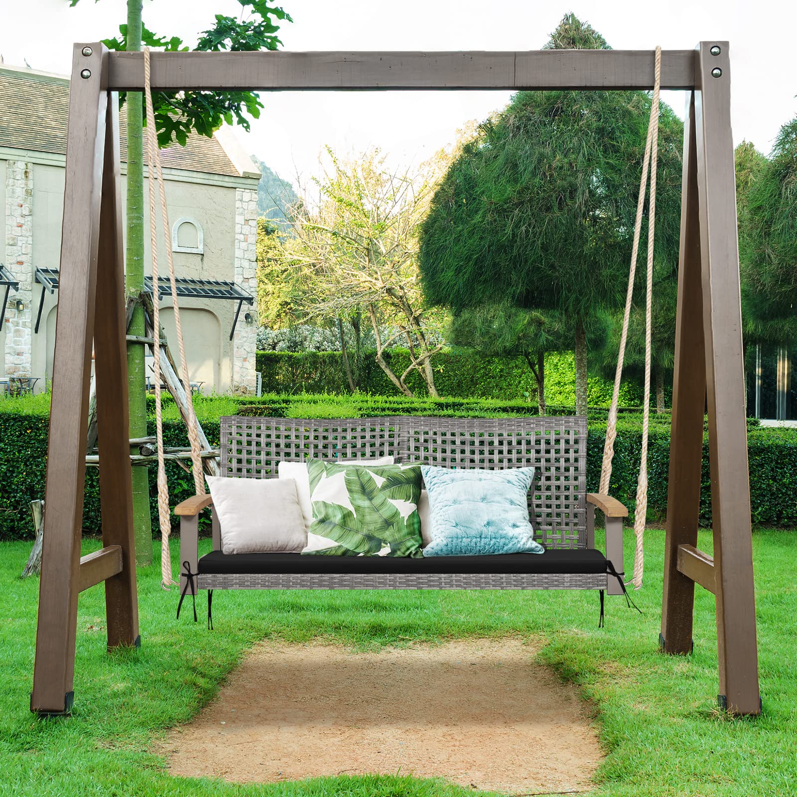 Happygrill 2-Person Outdoor Rattan Swing Chair with Acacia Wood Armrests - 118