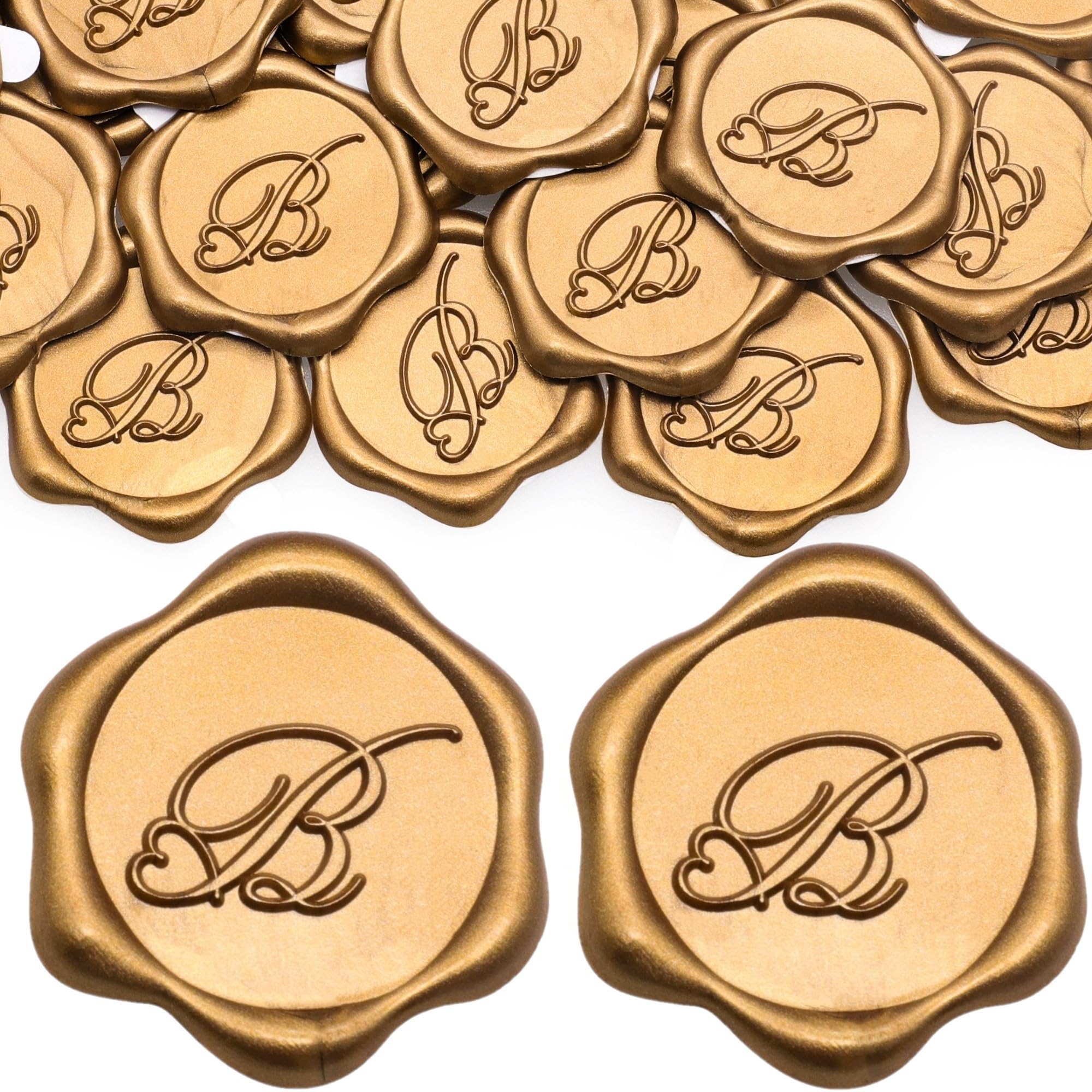 SWANGSA 100 Pack Letter B Wax Seal Stickers - Antique Gold Heart Design Initial Adhesive Wax Stickers for Wedding Invitations, Party Decorations, Envelope Sealing & DIY Crafts