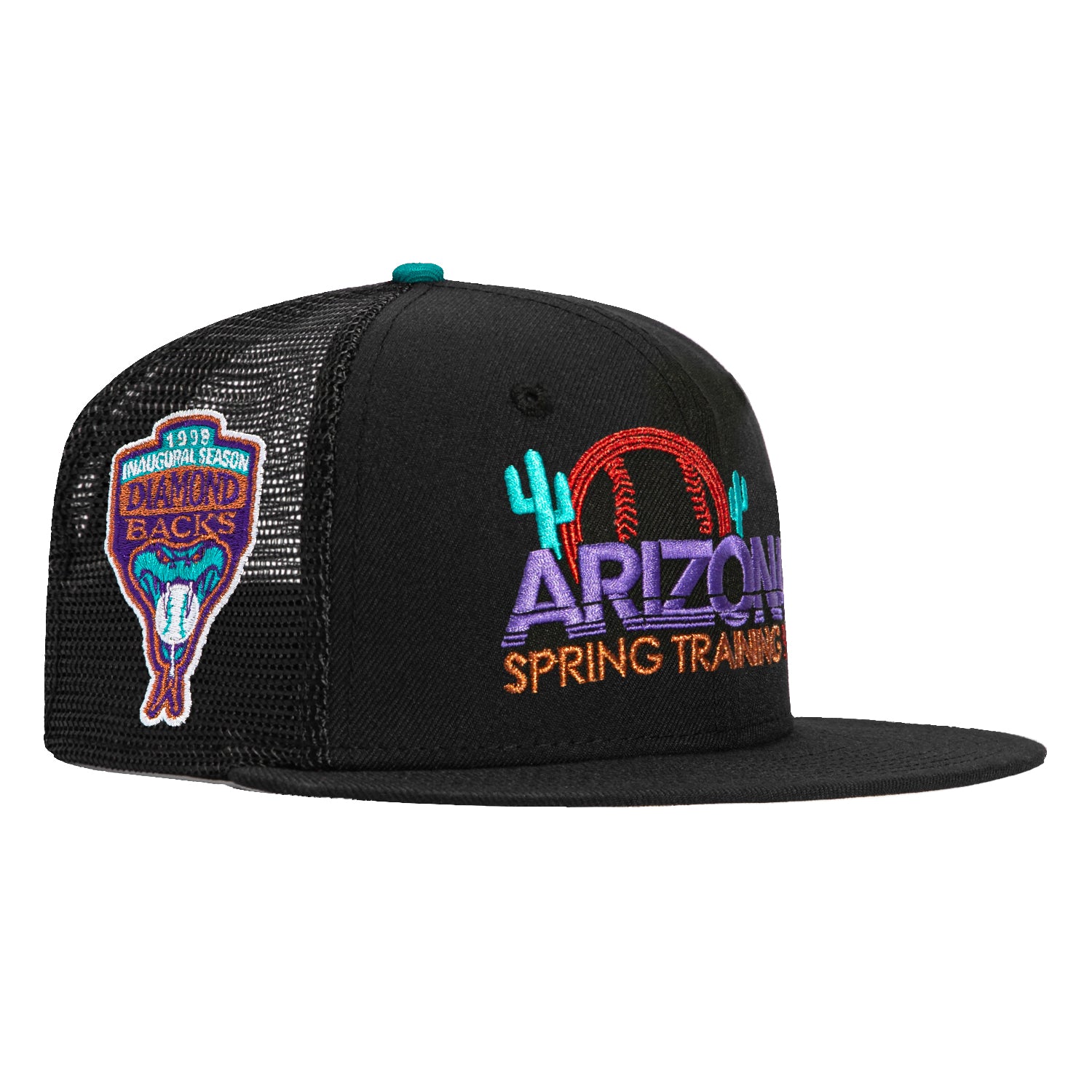 New Era 59Fifty Arizona Diamondbacks MLB Baseball Cap with Inaugural Patch & Spring Training Logo - Adjustable Snapback Trucker Hat for Men & Women - Perfect for Baseball Games, Outdoor Activities & Casual Wear (Black)