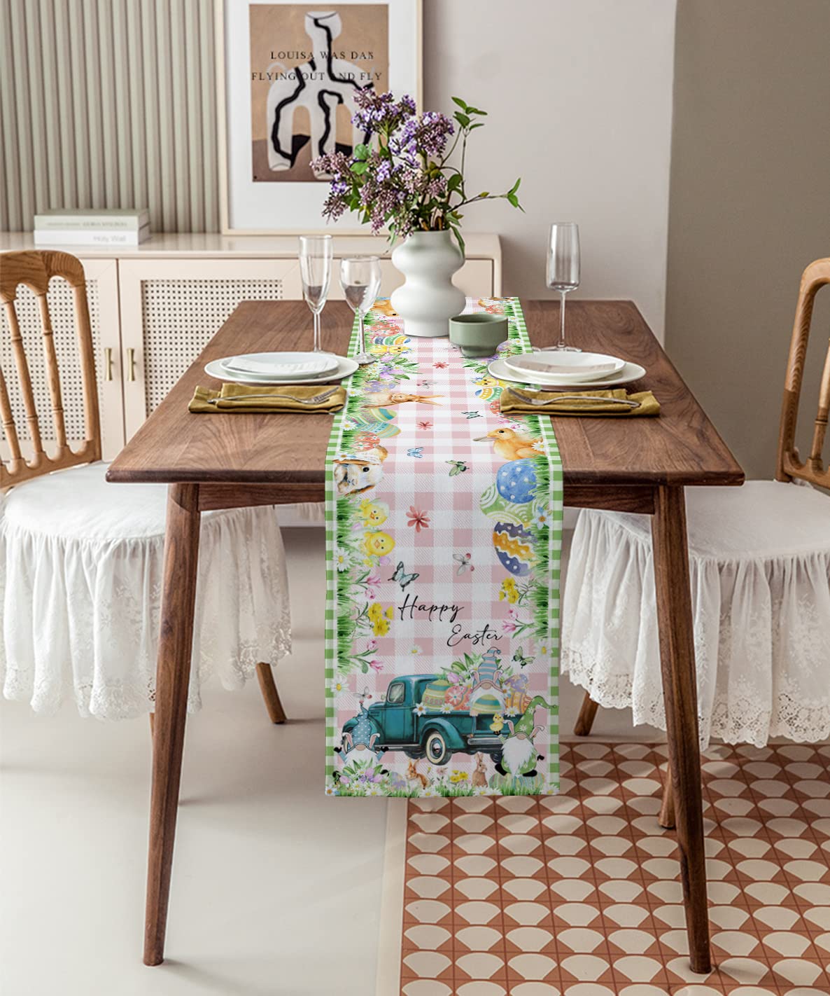 Easter Gnome Table Runner 90 Inches Long - Blue Truck Easter Bunny with Pink Green Plaid Farmhouse Decor for Dining Table, Coffee Table, Dresser - Perfect for Holiday Parties, Weddings & Spring Celebrations
