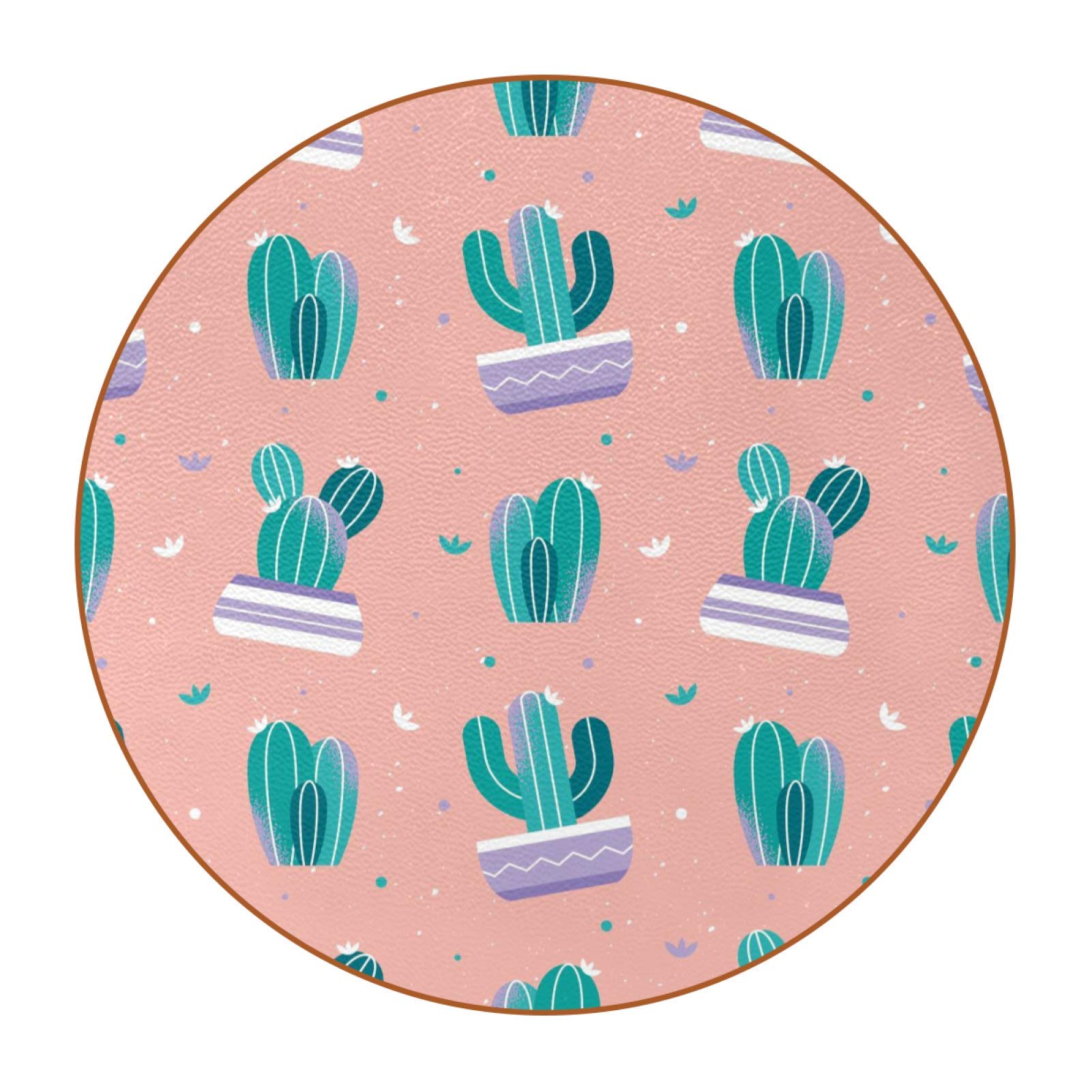 6-Piece Leather Drink Coaster Set - Round Green Cactus Design on Pink Background, Heat-Resistant Cup Pads for Mugs & Glasses - Perfect for Home, Office & Coffee Shop Use