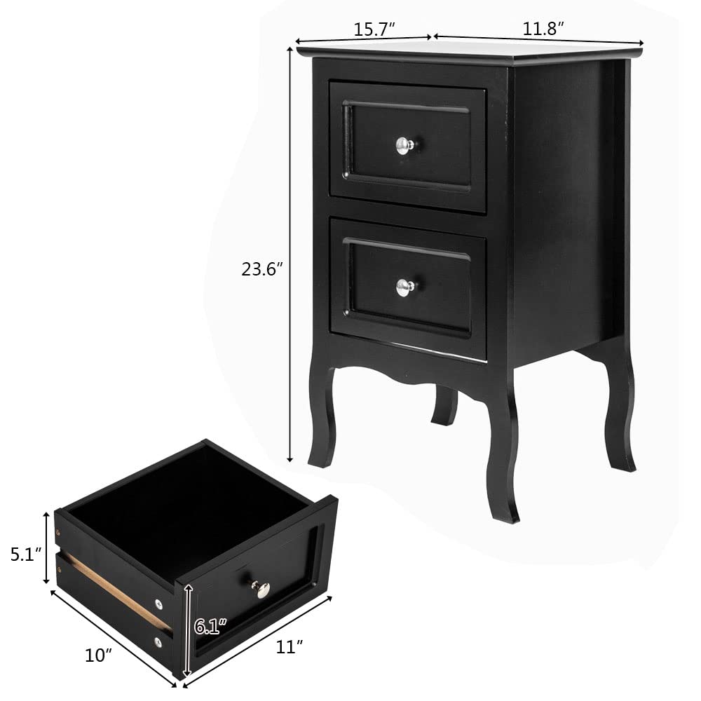Henf Black Nightstand Set of 2 - Wooden Side Tables with 2 Drawers, Farmhouse Bedside Storage Cabinets, Solid Wood Legs End Tables - Perfect for Bedroom, Living Room & Guest Room Decor