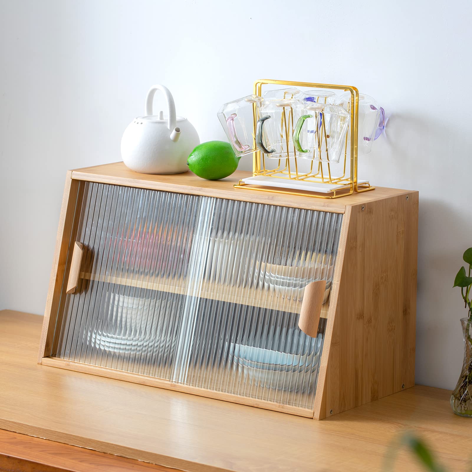 Small Bamboo Kitchen Pantry Cabinet with 2 Sliding Glass Doors - Freestanding Storage for Bottles, Dishes & Bowls - Modern Sideboard for Dining Room, Kitchen or Living Room Organization