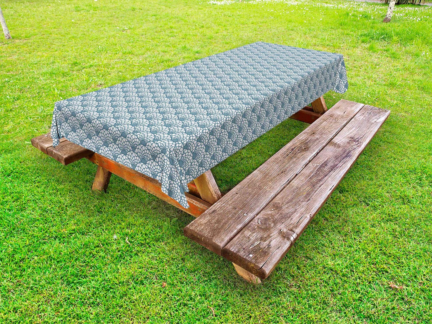 Ambesonne Waterproof Outdoor Tablecloth - Hand-Painted Fish Scale Geometric Design, Vintage Inspired Washable Picnic Table Cover 58x120 Inches, Teal & White - Perfect for Garden Parties, BBQs, and Beach Picnics