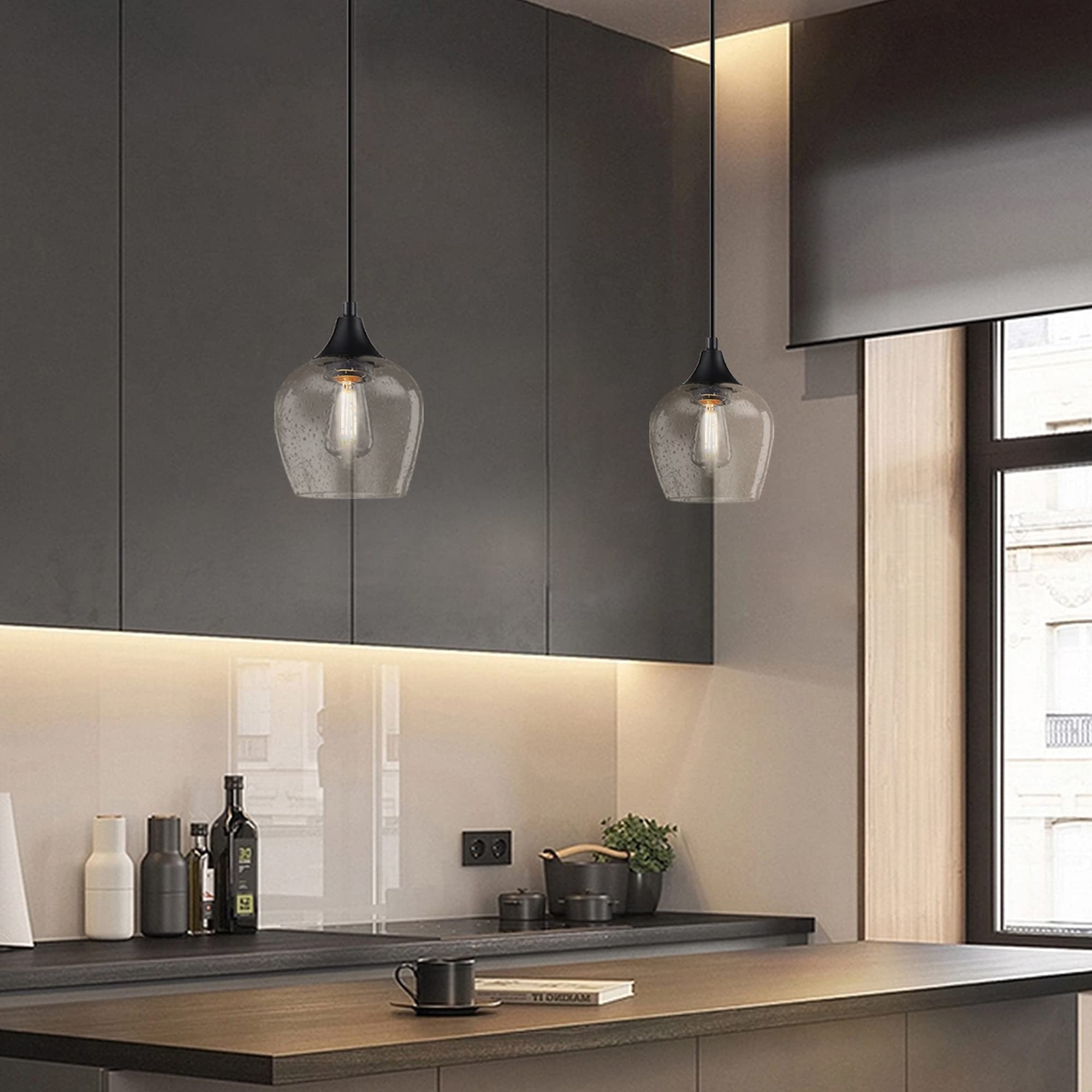 3 Pack Black Mini Hanging Pendant Lights with Clear Seeded Glass Shades - Indoor Kitchen Island Lighting for Dining Room, Bar Counter, Breakfast Nook & Home Decor