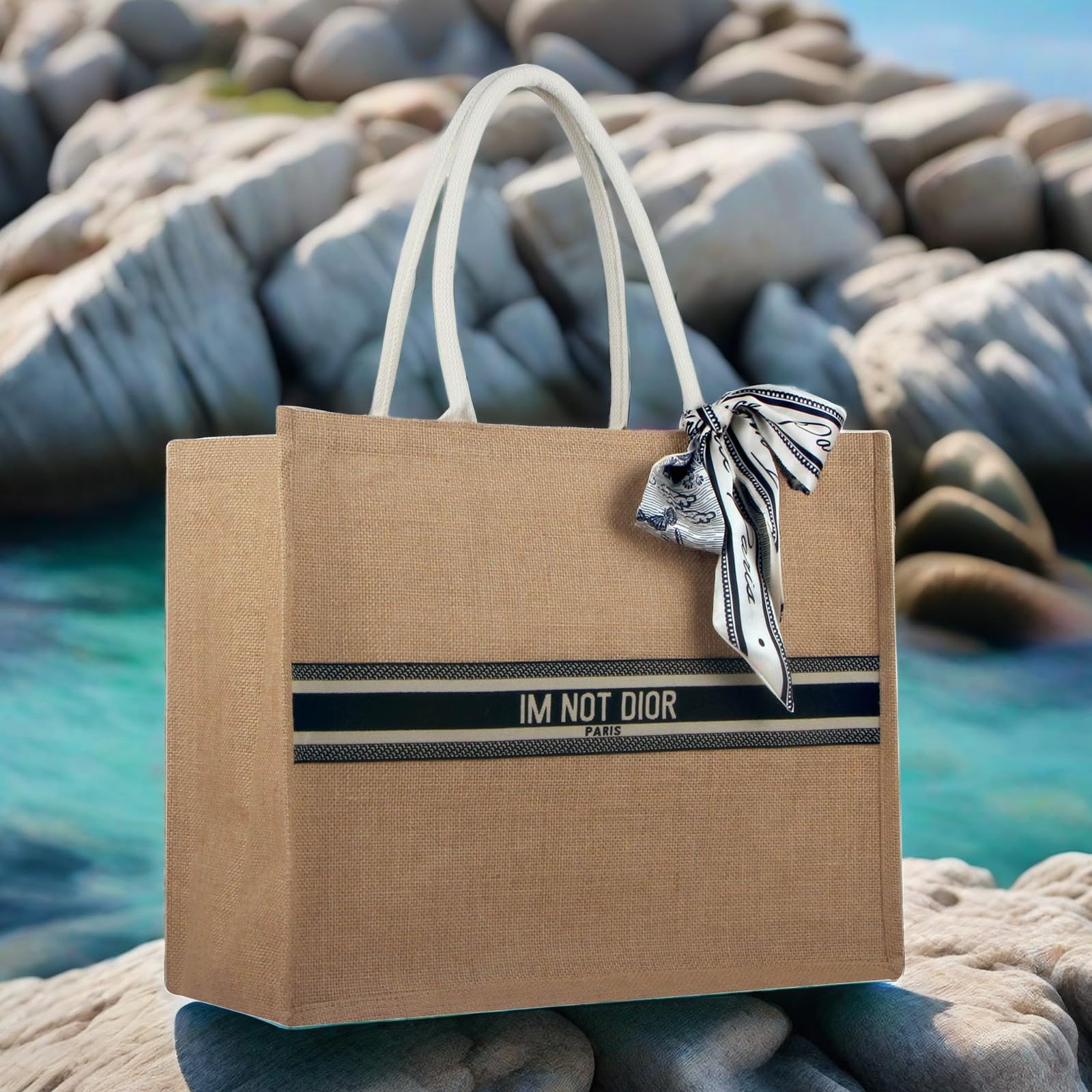 Mattb Large Jute Travel Tote Bag - Eco-Friendly Beach Bag with Sturdy Handles, Reusable Grocery Shopping Bag for Women | Perfect for Beach Outings, Farmers Market & Daily Errands