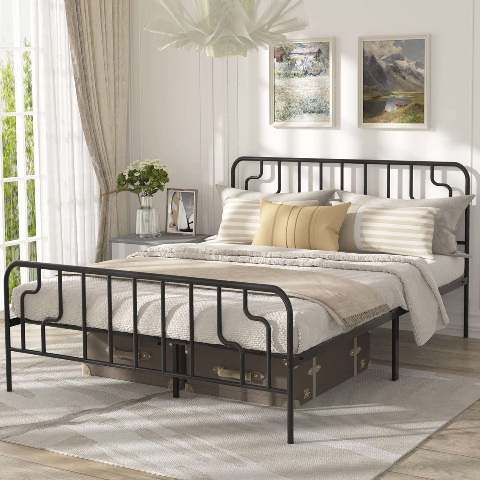 Vintage Metal Platform Bed Frame - Queen Size, No Box Spring Needed for Home Decor