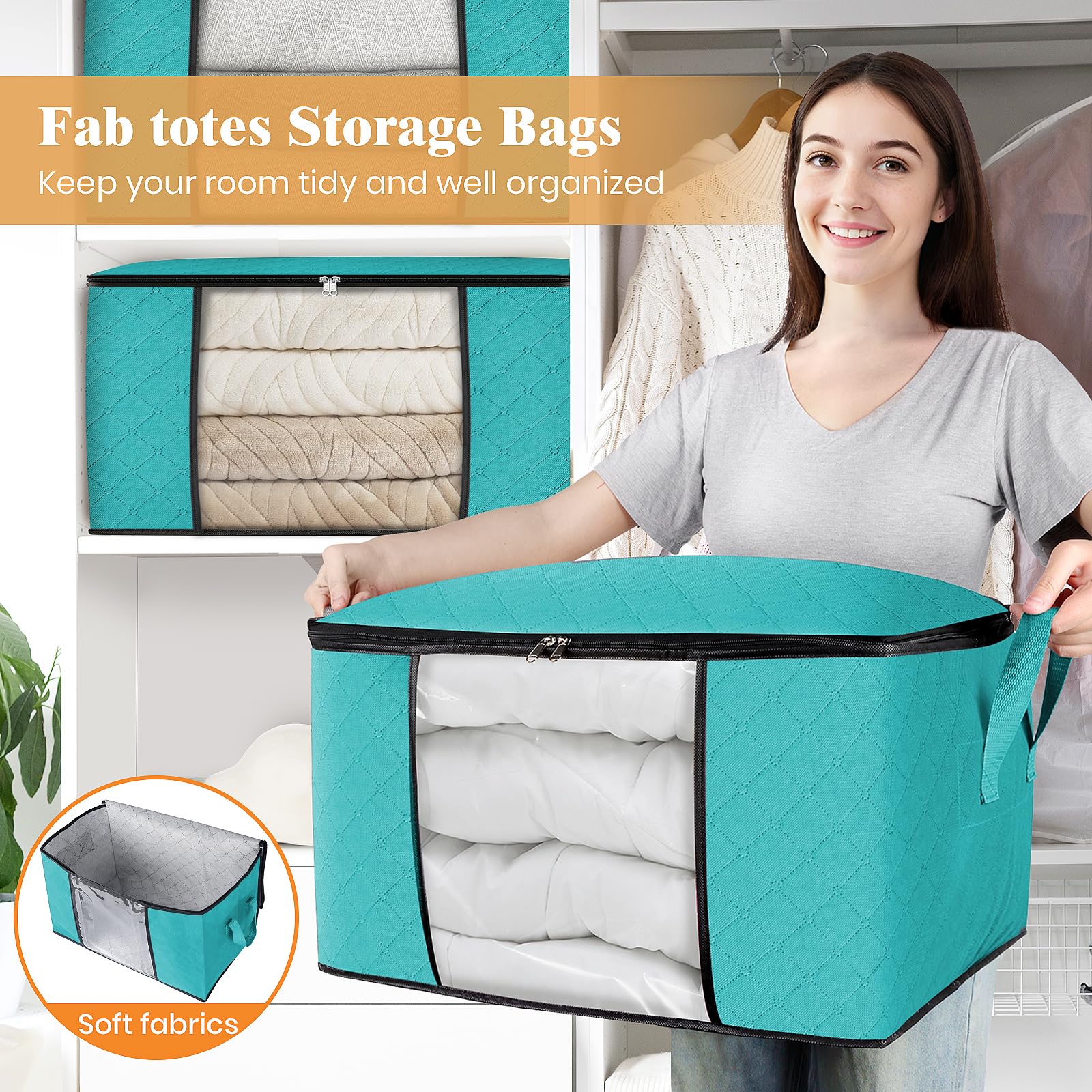 6-Pack Foldable Thick Fabric Storage Bags with Handles - Organize Clothes, Blankets, Comforters | Perfect for Bedroom, Closet & Home Organization (Green)