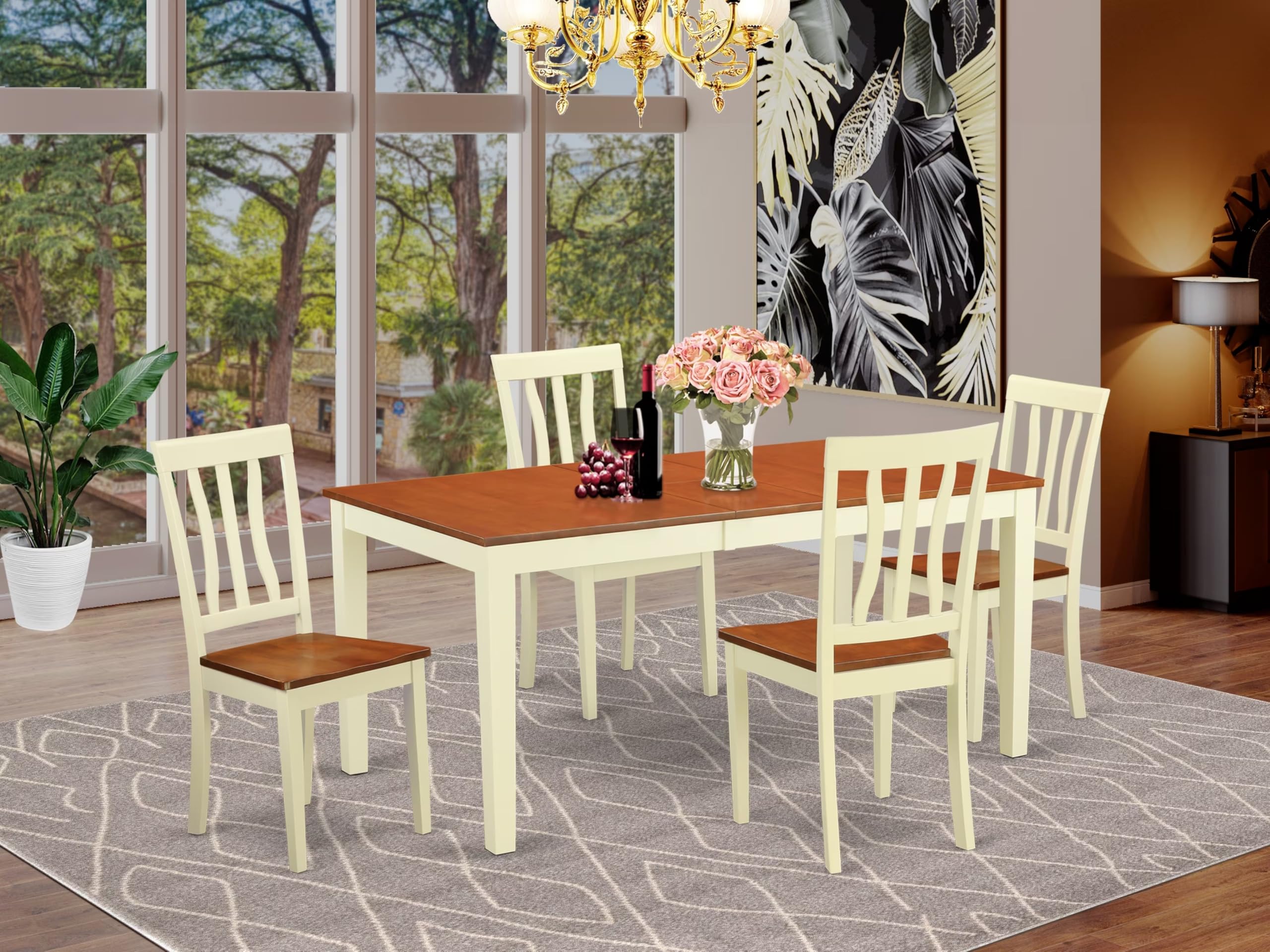 East West Furniture NIAN5-WHI-W 5-Piece Dining Set with Extendable Table & 4 Chairs - 36x66 Inch Buttermilk & Cherry Finish - Perfect for Small Spaces, Kitchens, and Dining Rooms