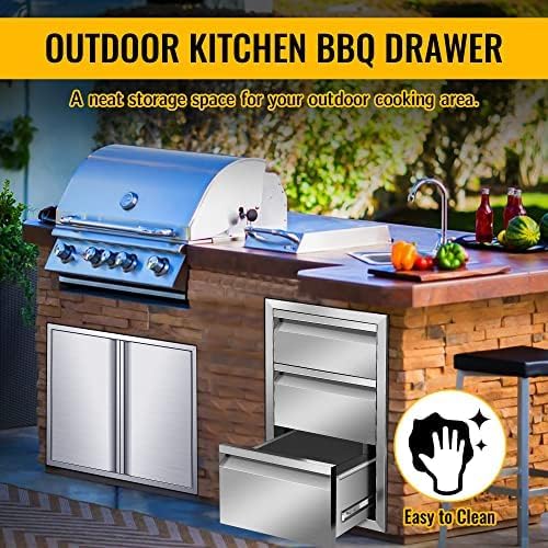 Stainless Steel Outdoor Kitchen Drawers - Flush Mount Double BBQ Drawers with Handle for BBQ Island & Grill Station (14