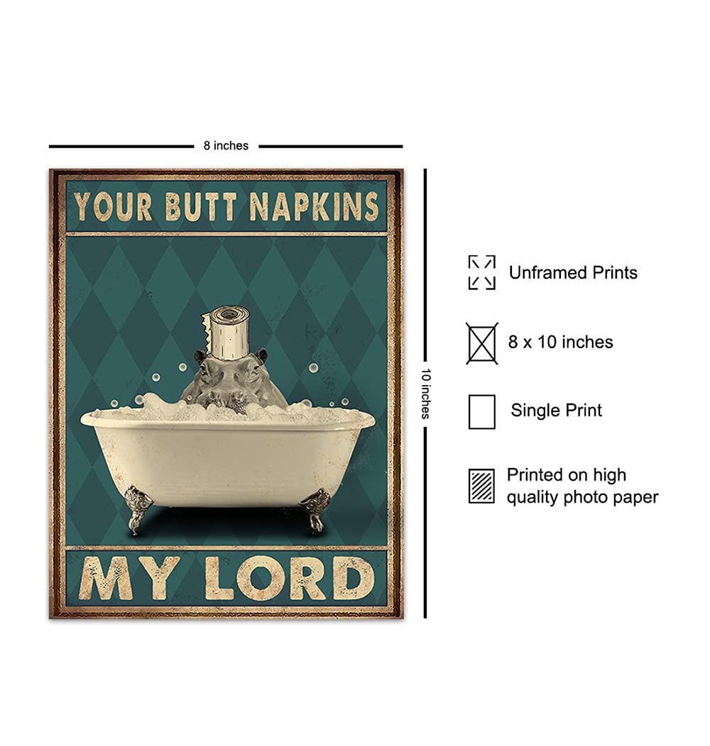 Funny Butt Napkins My Lord Bathroom Wall Art - Cute Modern Hippo Decor for Powder Room & Guest Bath - Unique Restroom Sign & Pictures - Perfect for Home, Office, or Gift